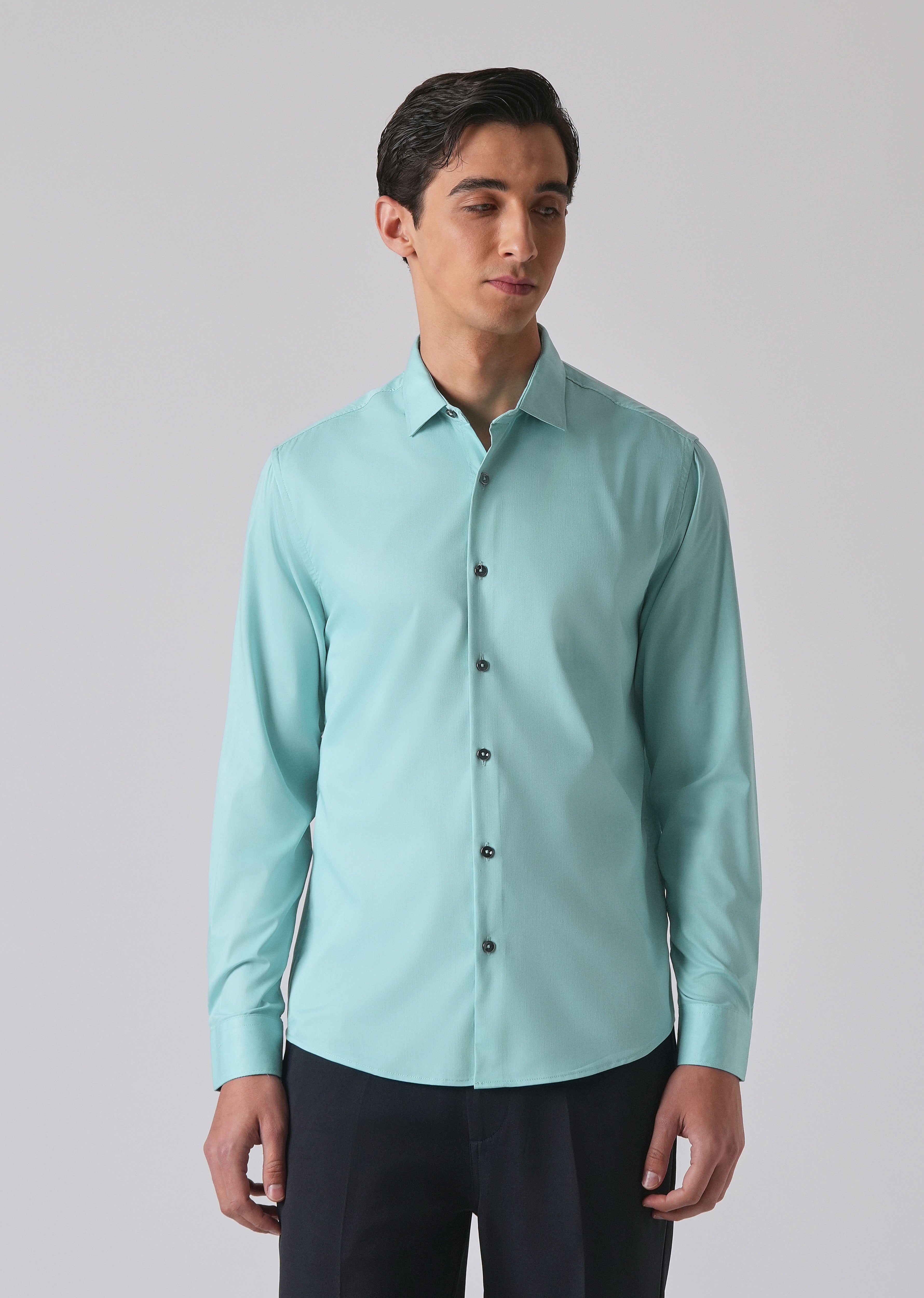 Cyan Green Cotton Stretch Plain Shirt