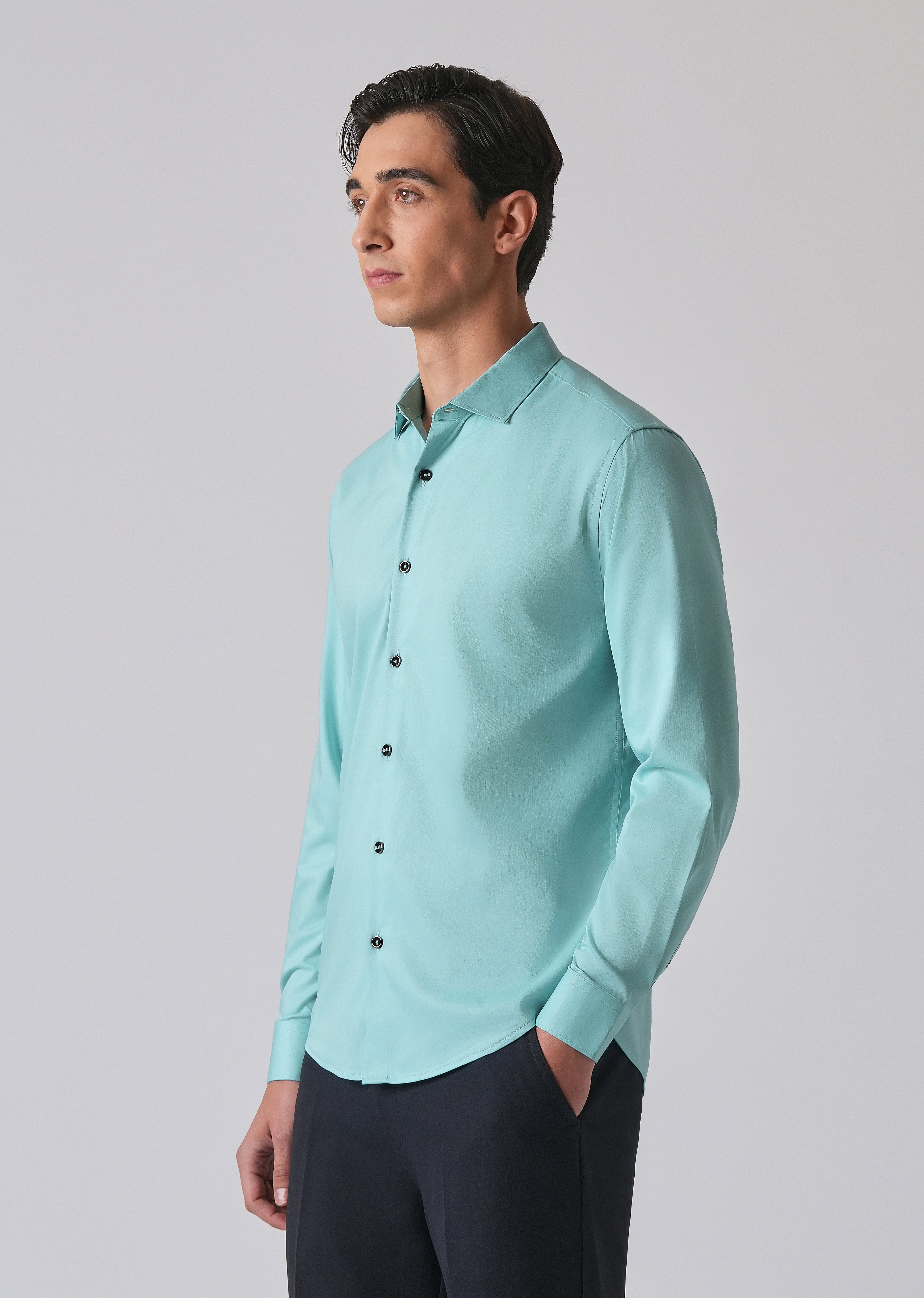 Cyan Green Cotton Stretch Plain Shirt