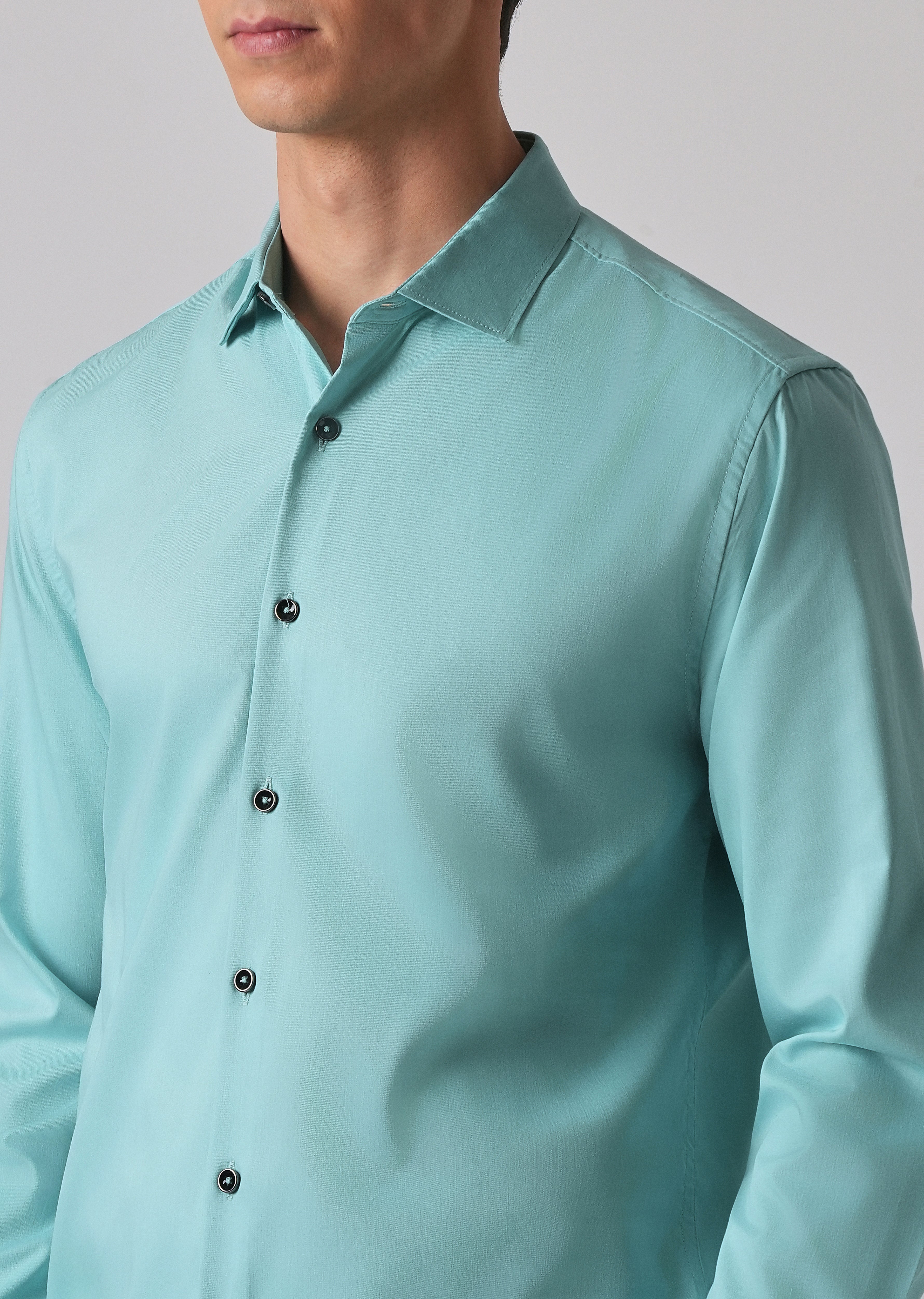 Cyan Green Cotton Stretch Plain Shirt
