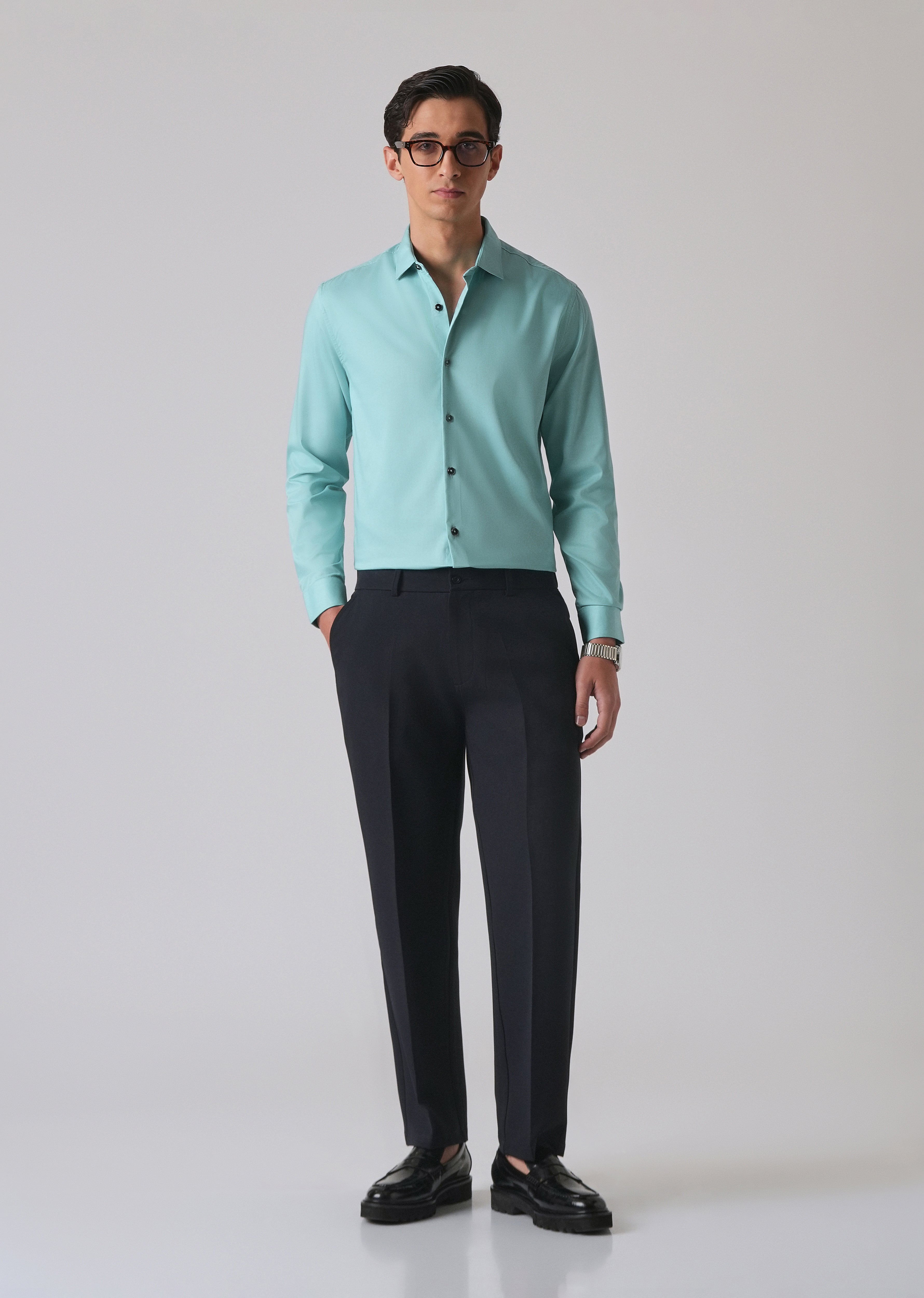 Cyan Green Cotton Stretch Plain Shirt