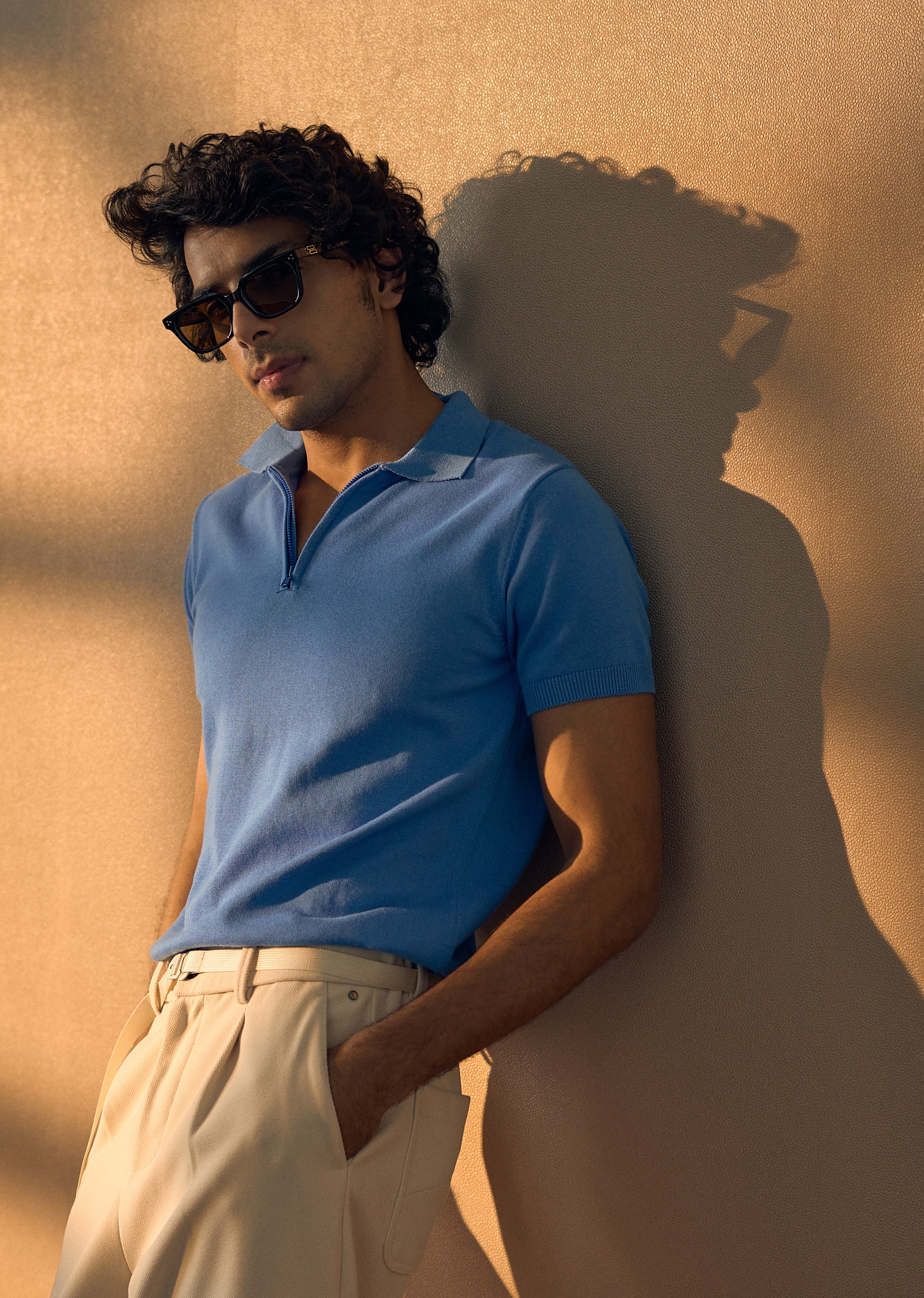 Light Blue Knitted Polo Zipper T-shirt