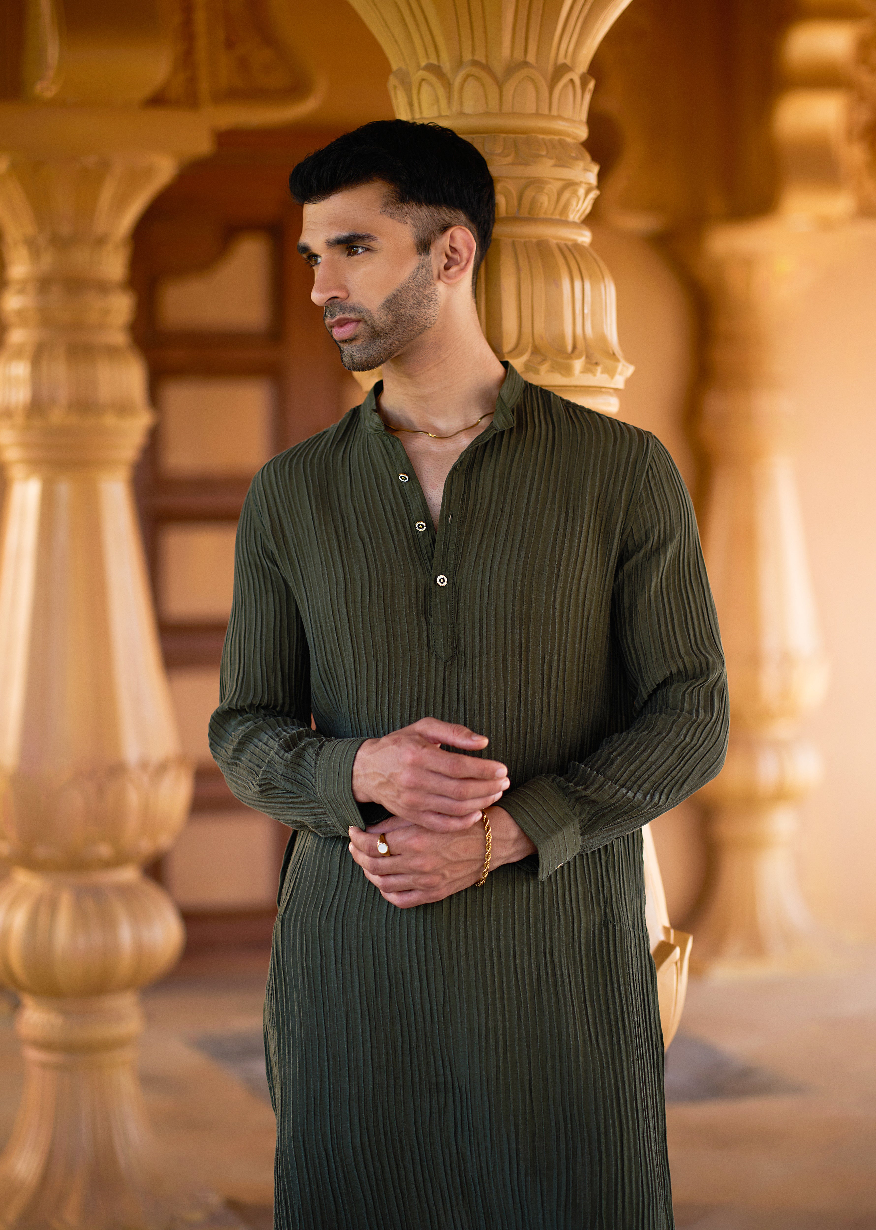 Green Crinkled Stripe Kurta