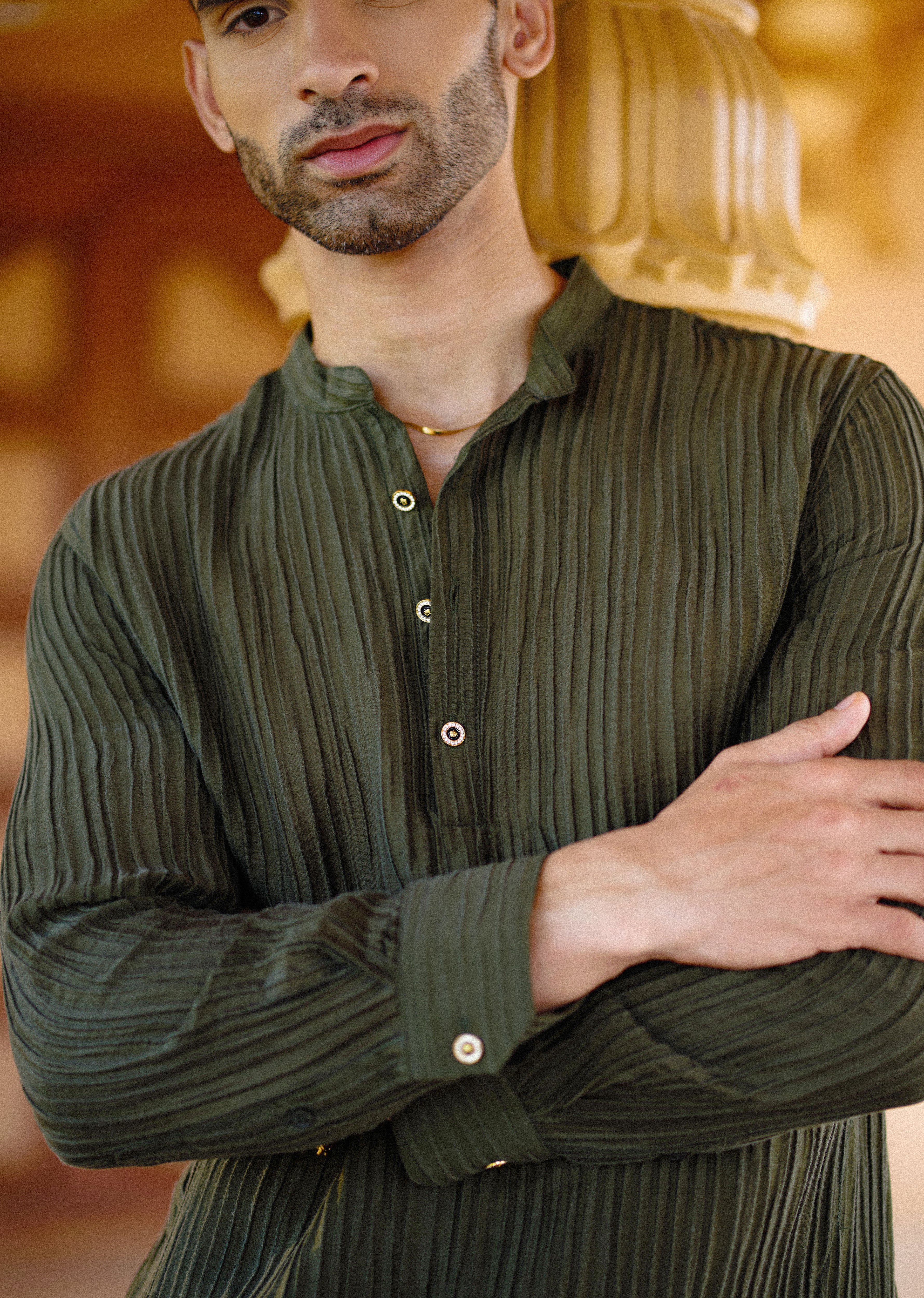 Green Crinkled Stripe Kurta