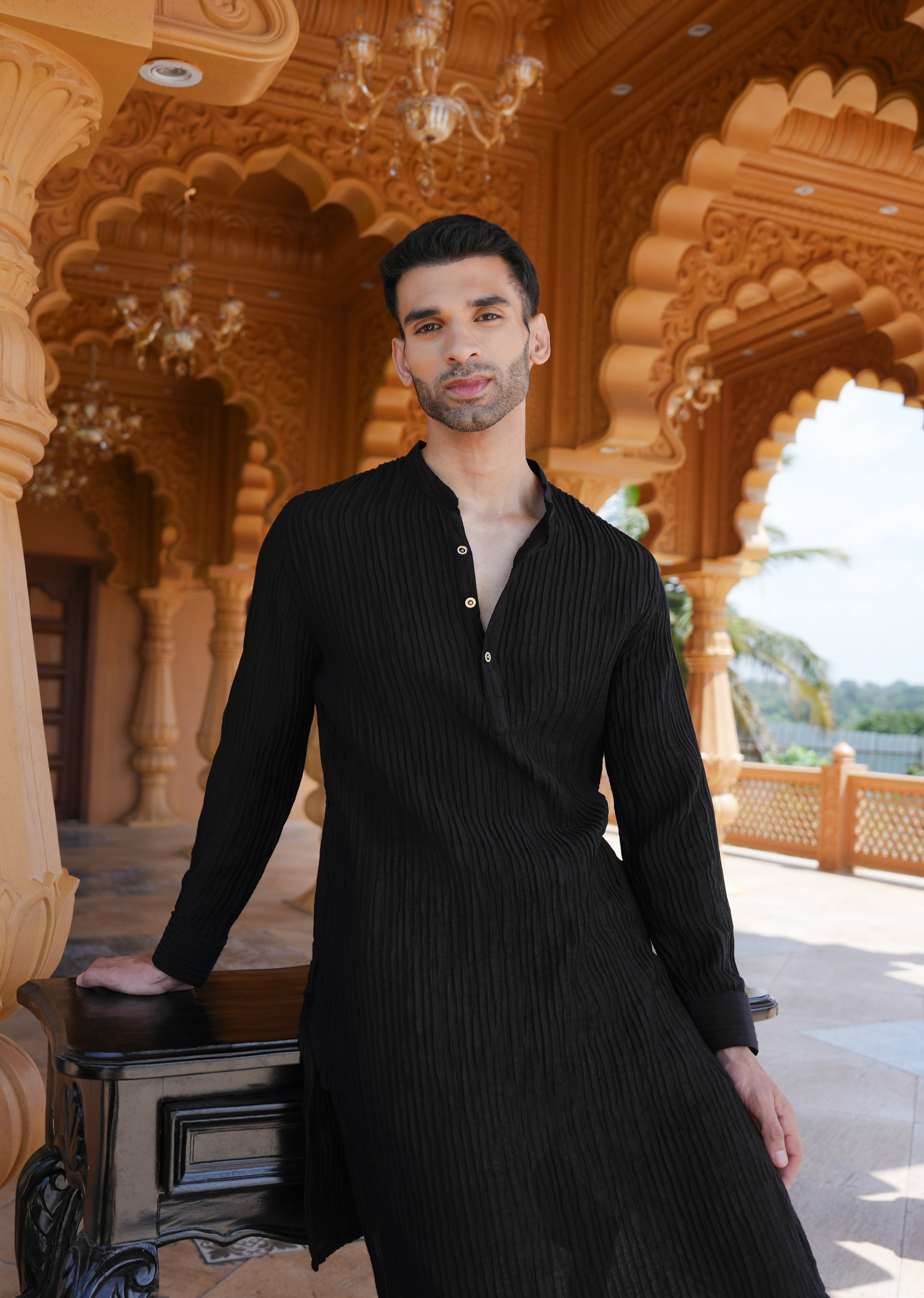 Black Crinkled Stripe Kurta