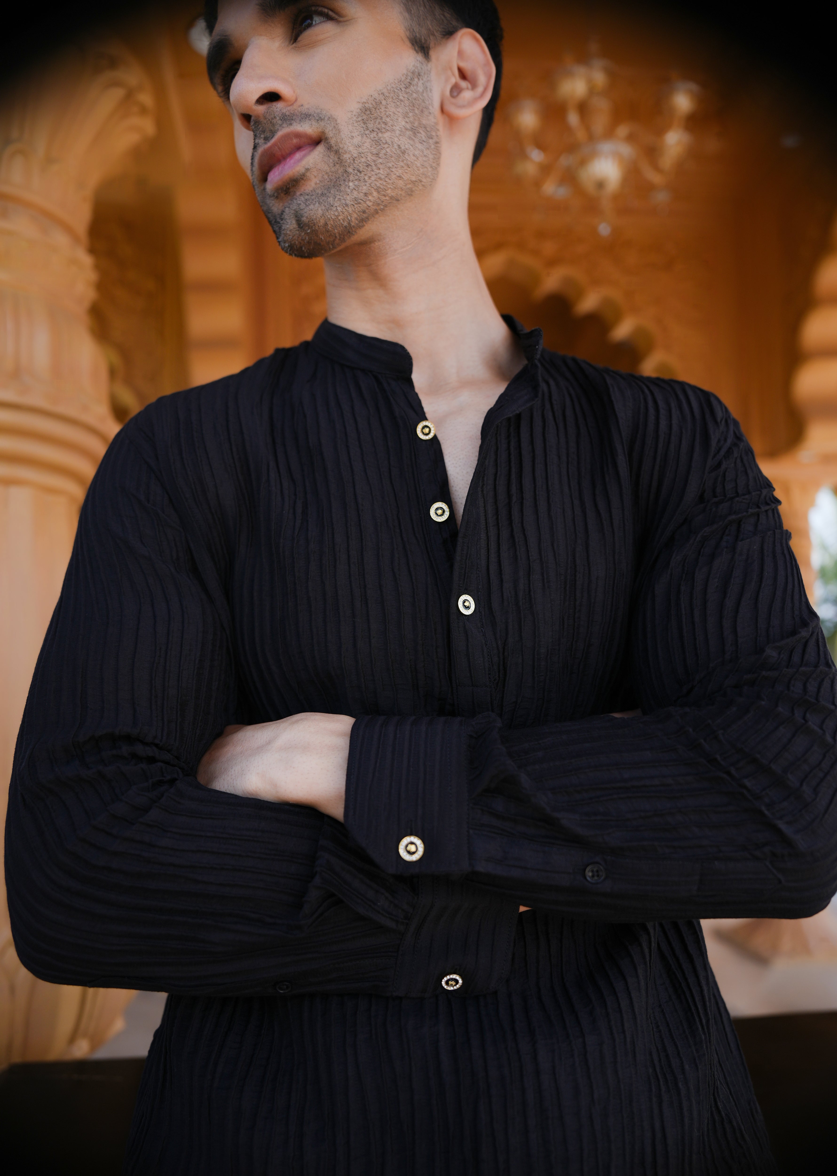 Black Crinkled Stripe Kurta