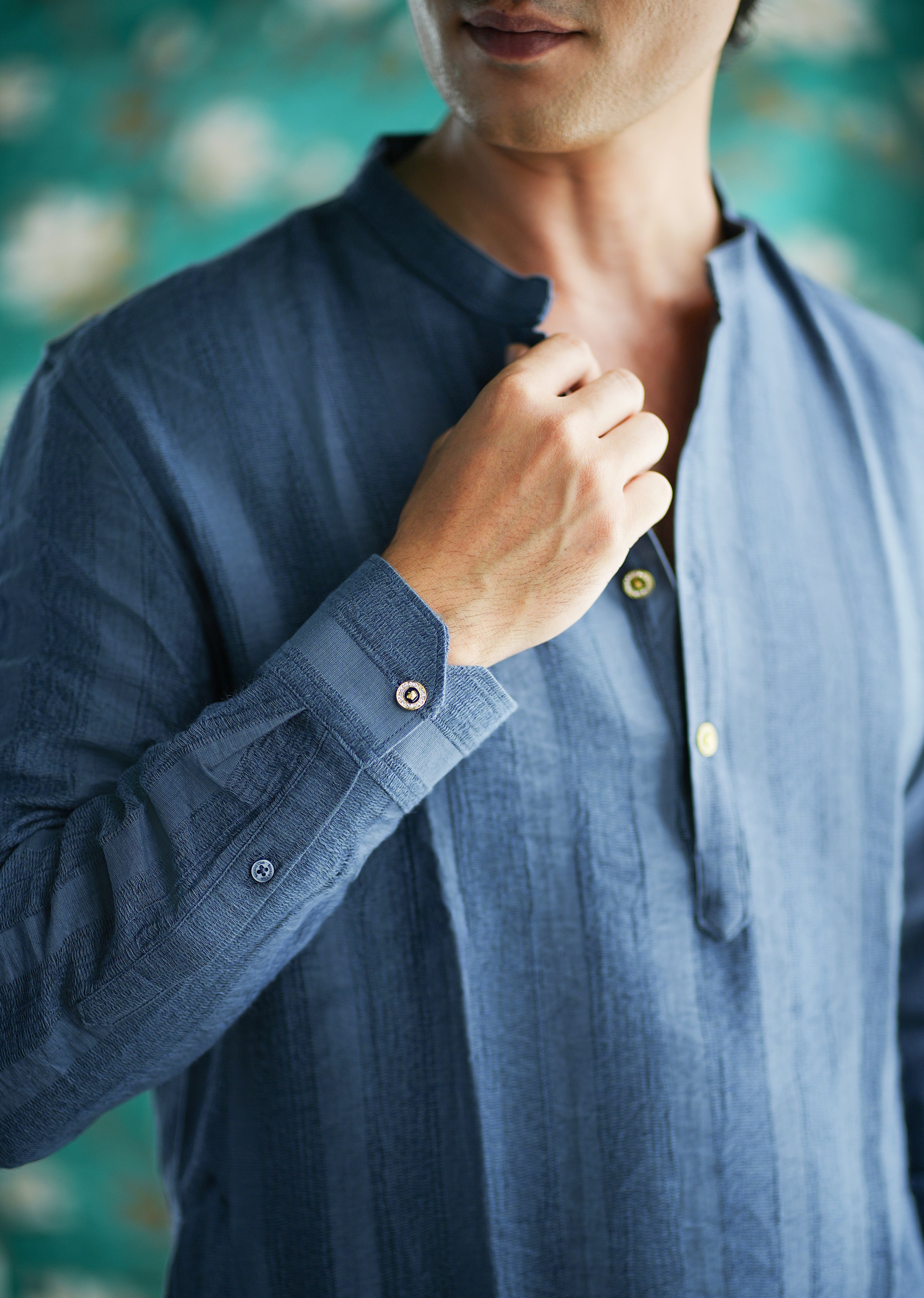 Sapphire Blue Textured Vertical Stripe Kurta