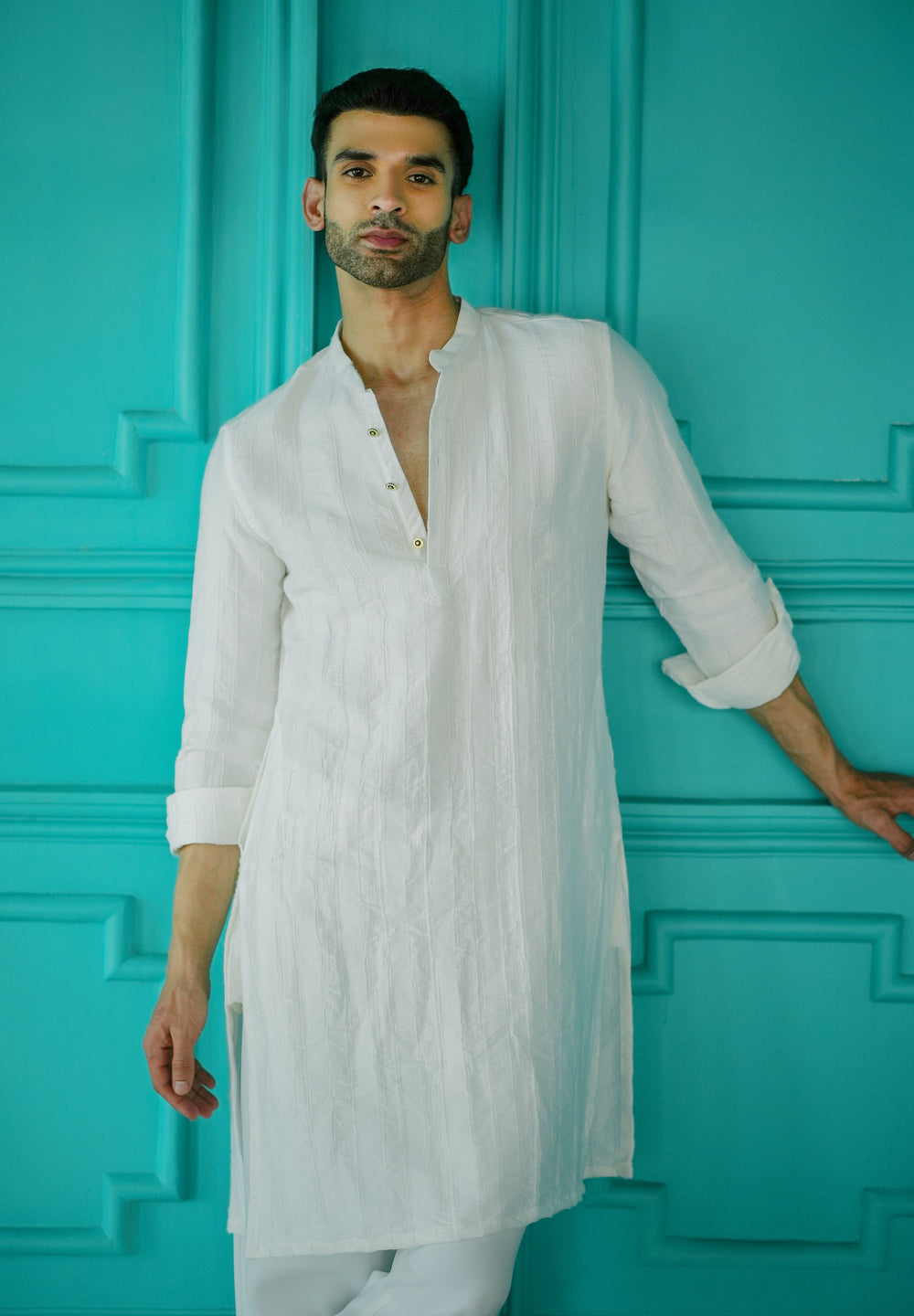 White Textured Vertical Stripe Kurta