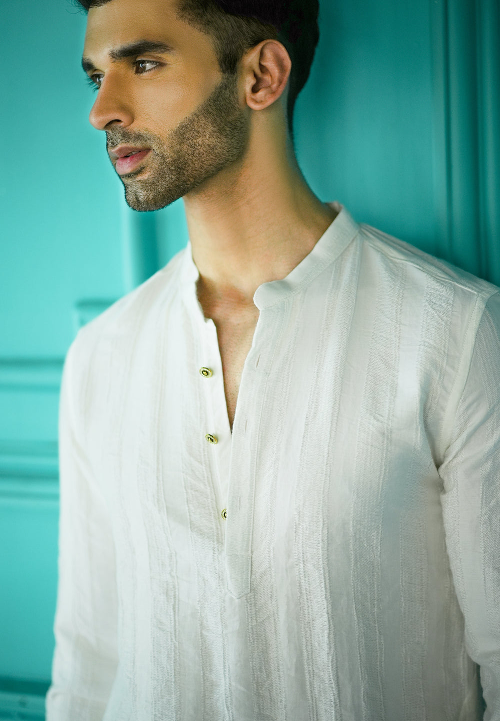White Textured Vertical Stripe Kurta