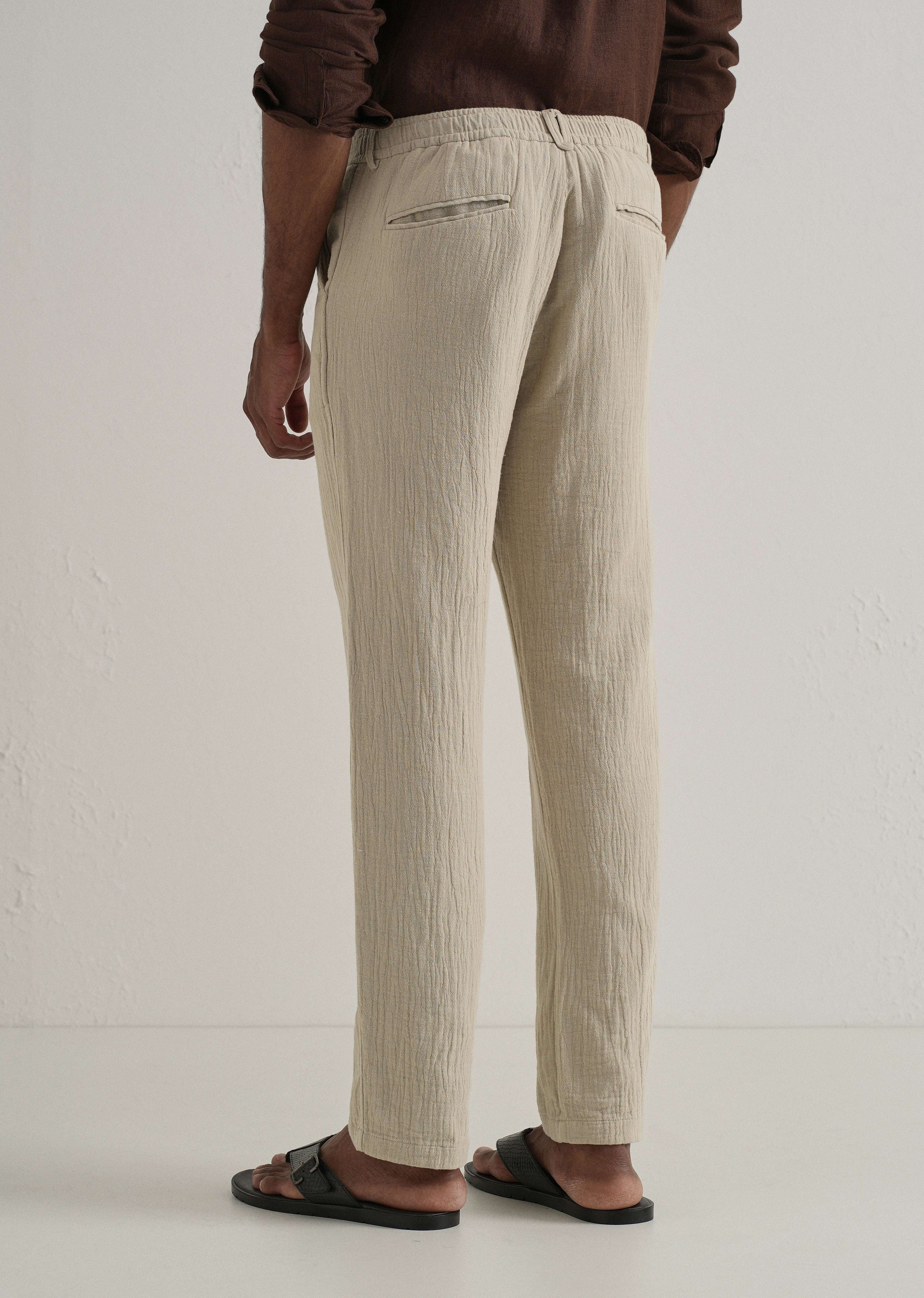 Dark Beige Crinkled Cotton Trouser