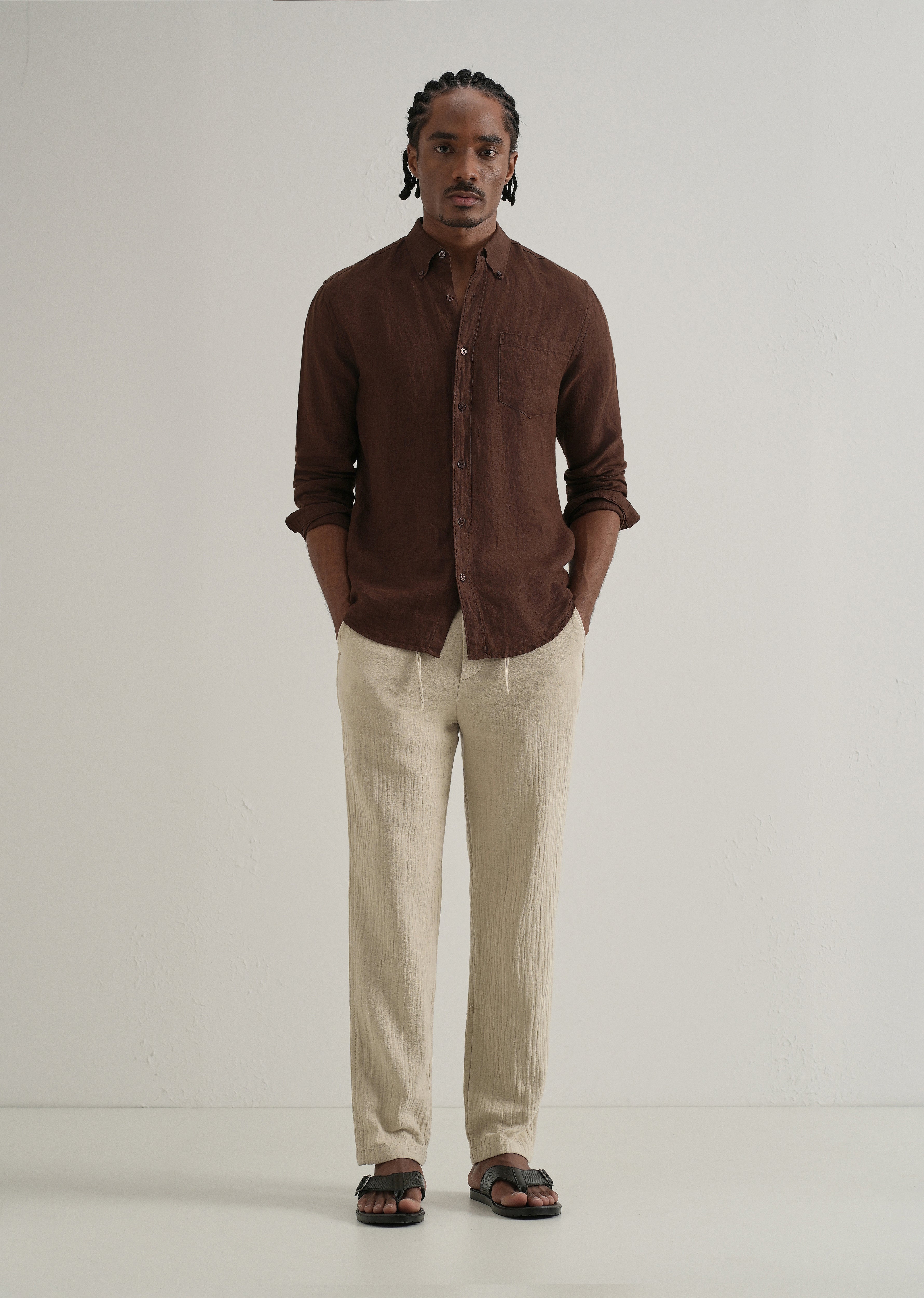 Dark Beige Crinkled Cotton Trouser