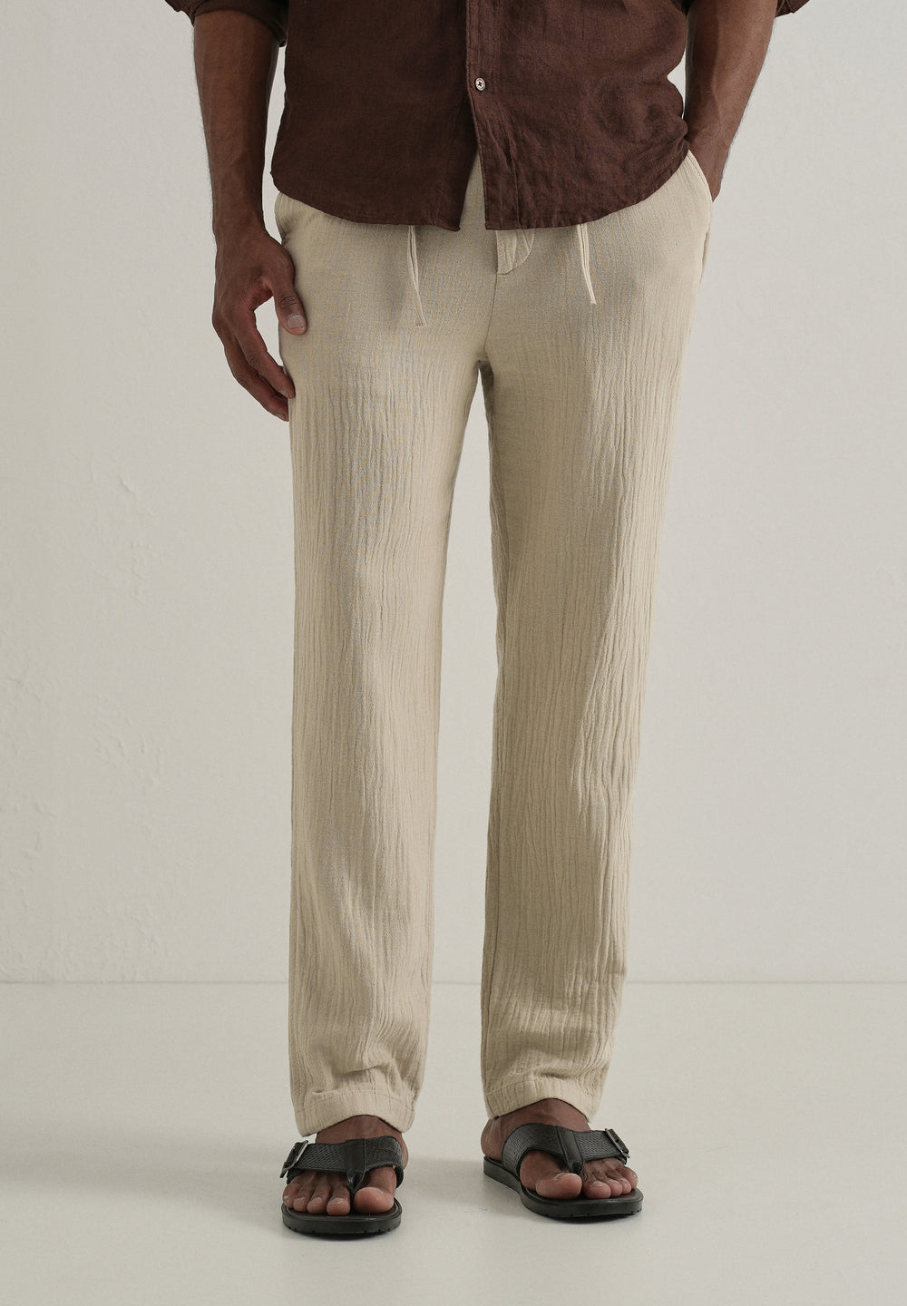 Dark Beige Crinkled Cotton Trouser