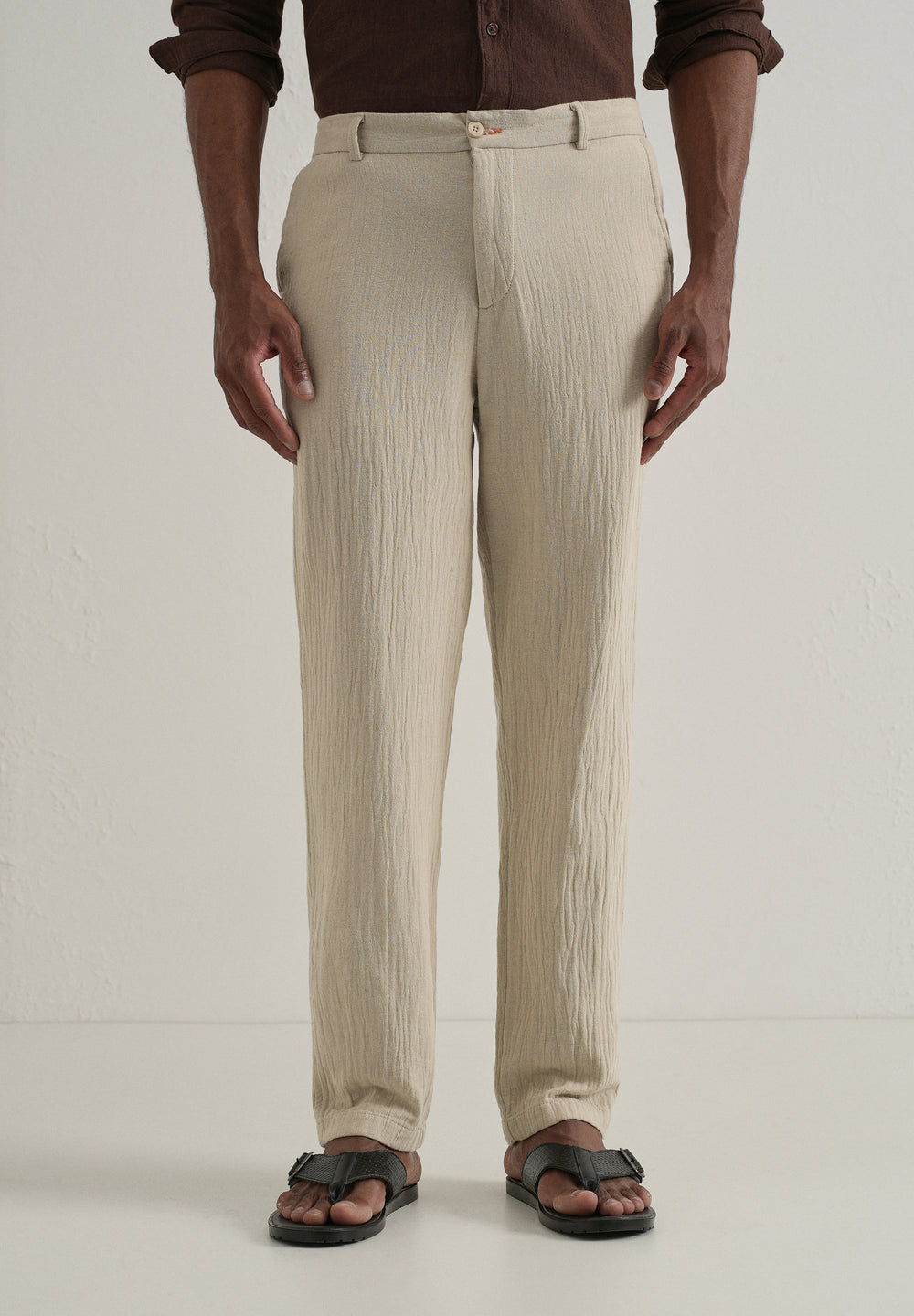 Dark Beige Crinkled Cotton Trouser
