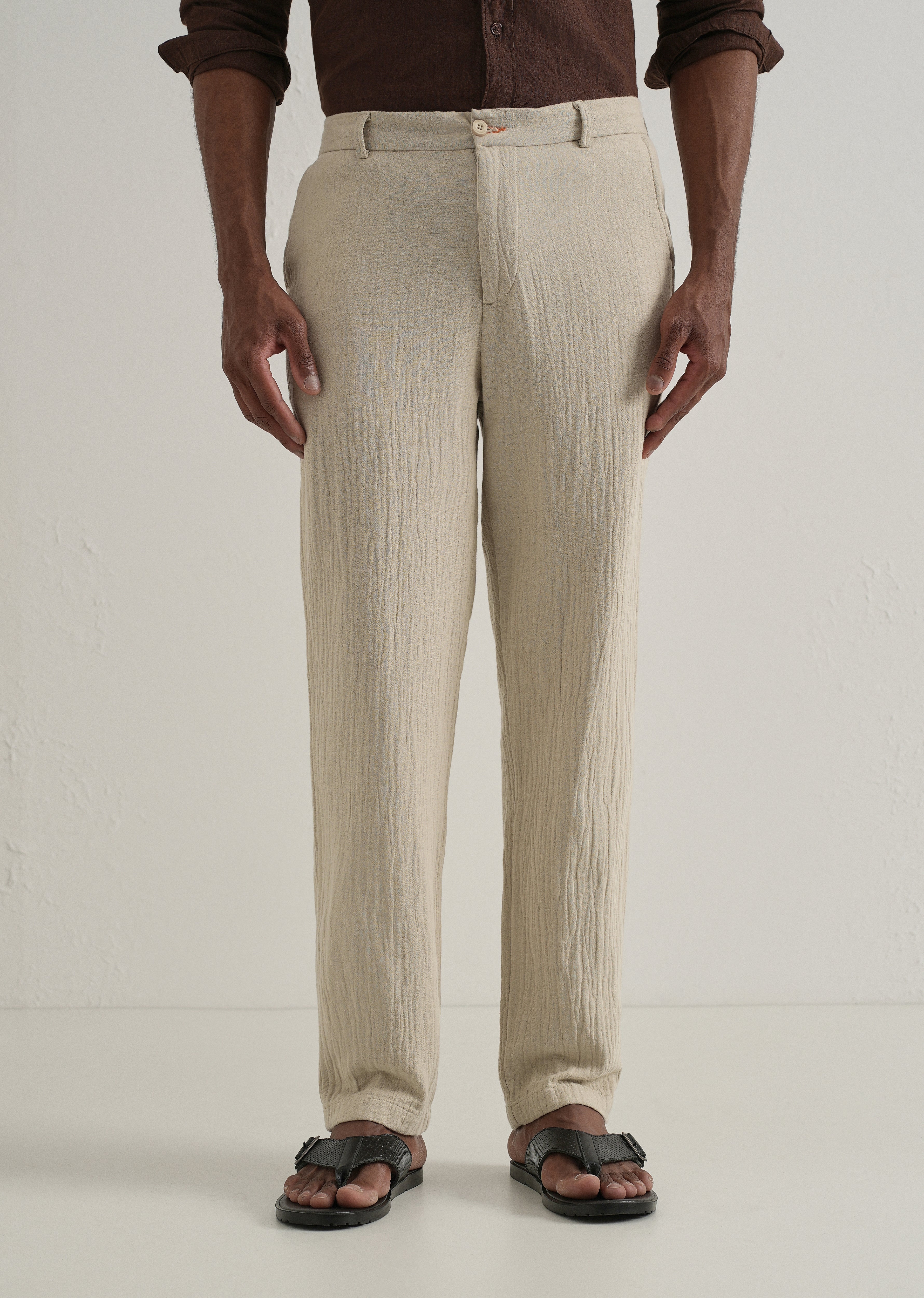 Dark Beige Crinkled Cotton Trouser