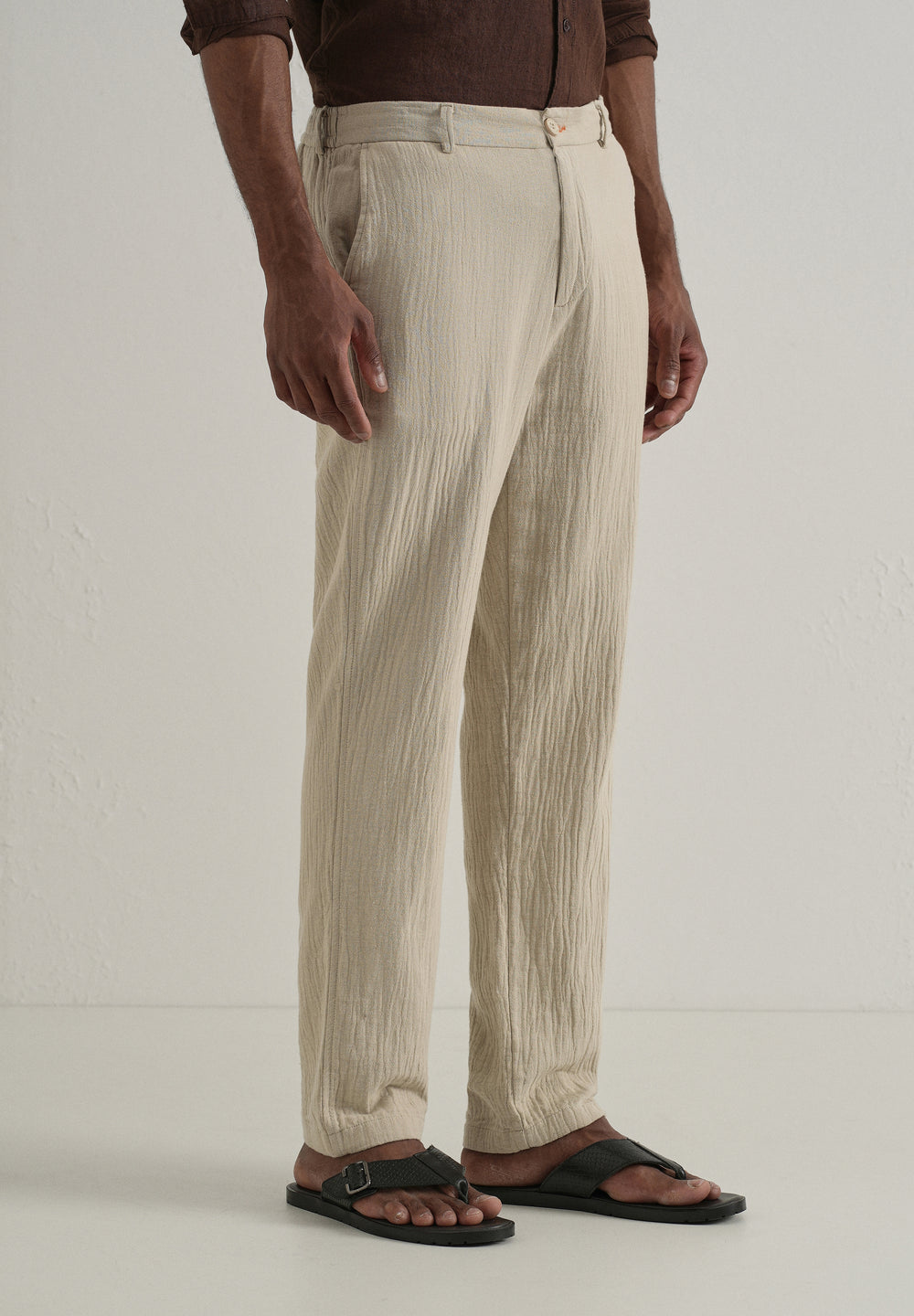 Dark Beige Crinkled Cotton Trouser