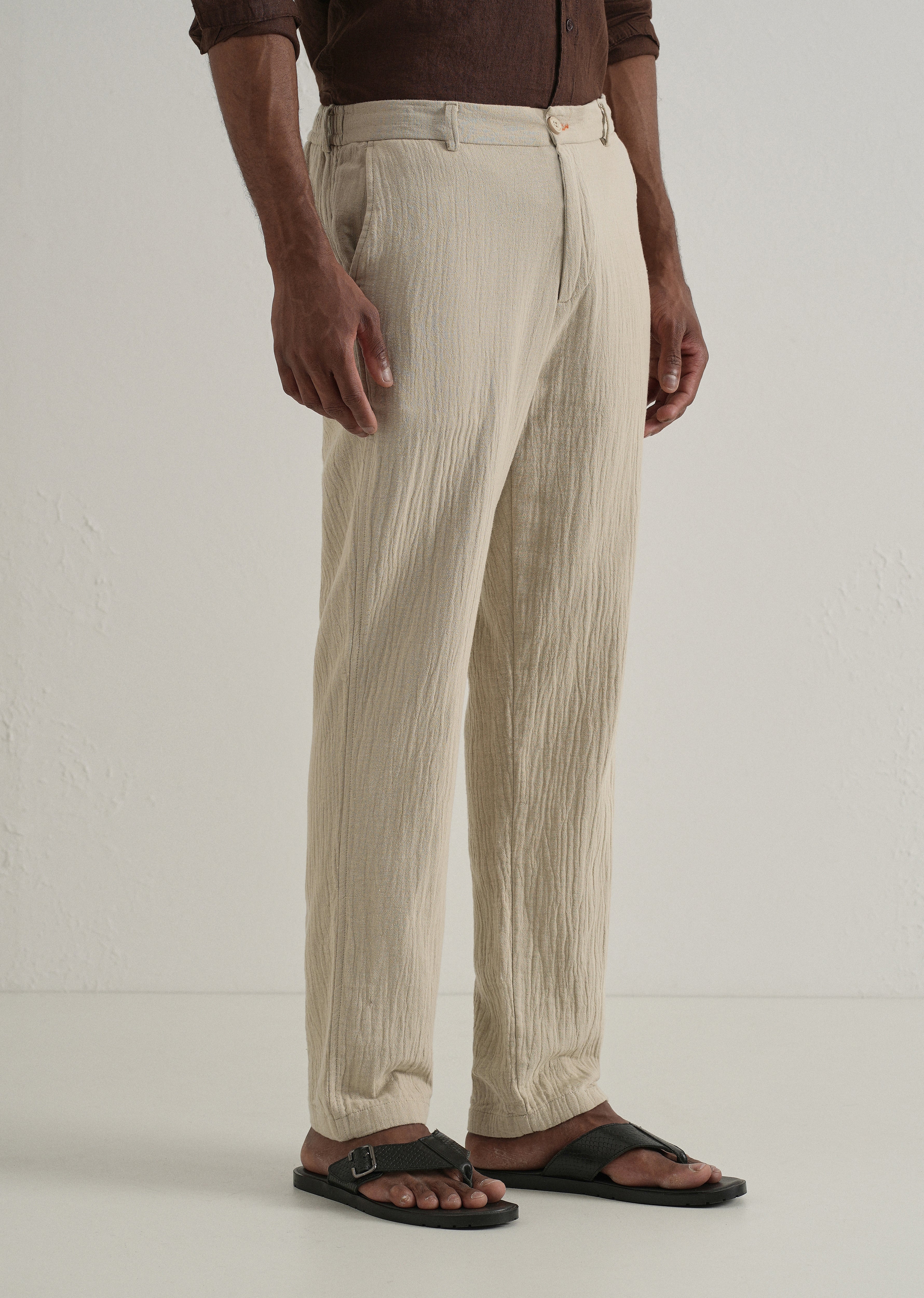 Dark Beige Crinkled Cotton Trouser
