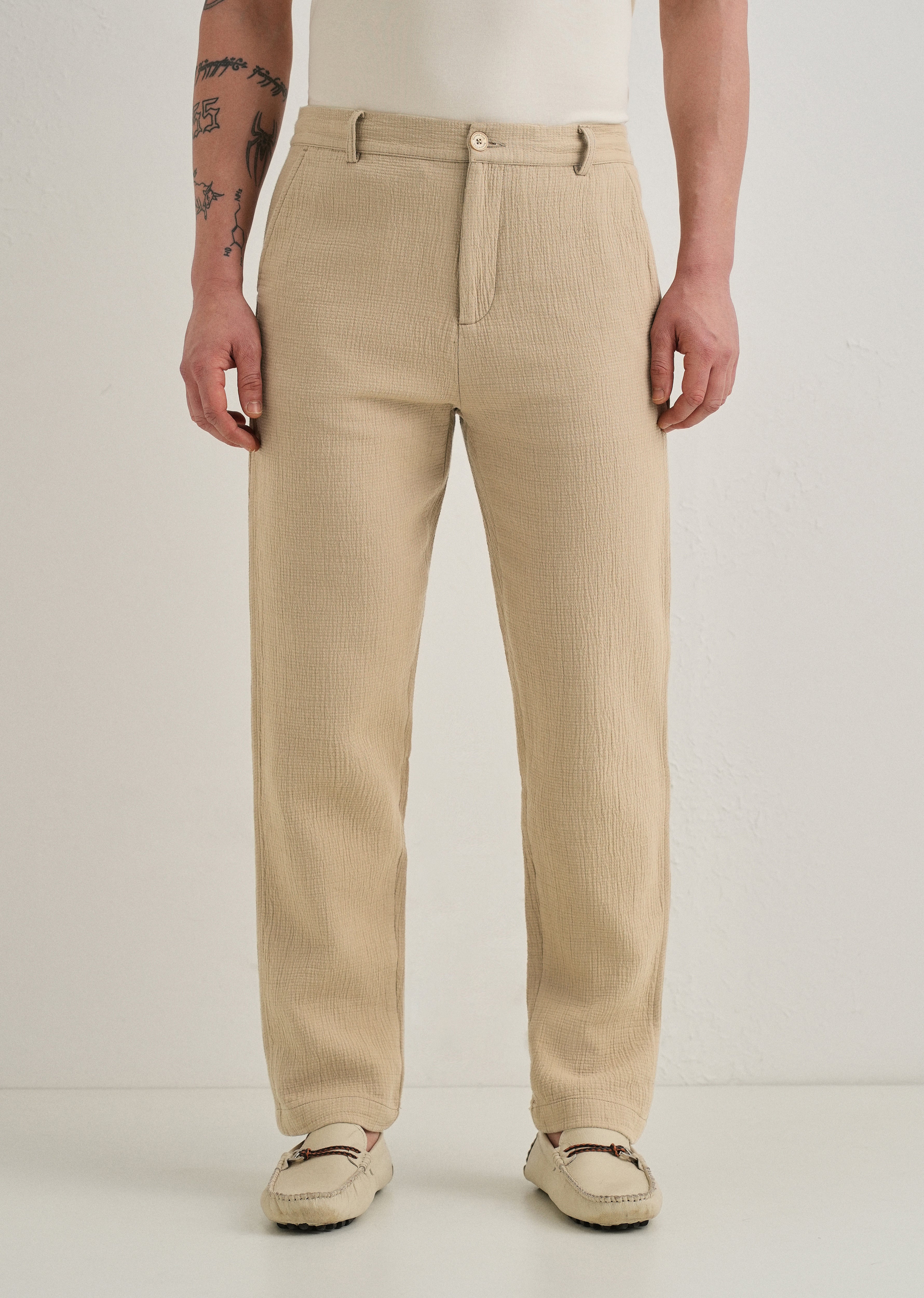 Dark Beige Crinkled Cotton Trouser