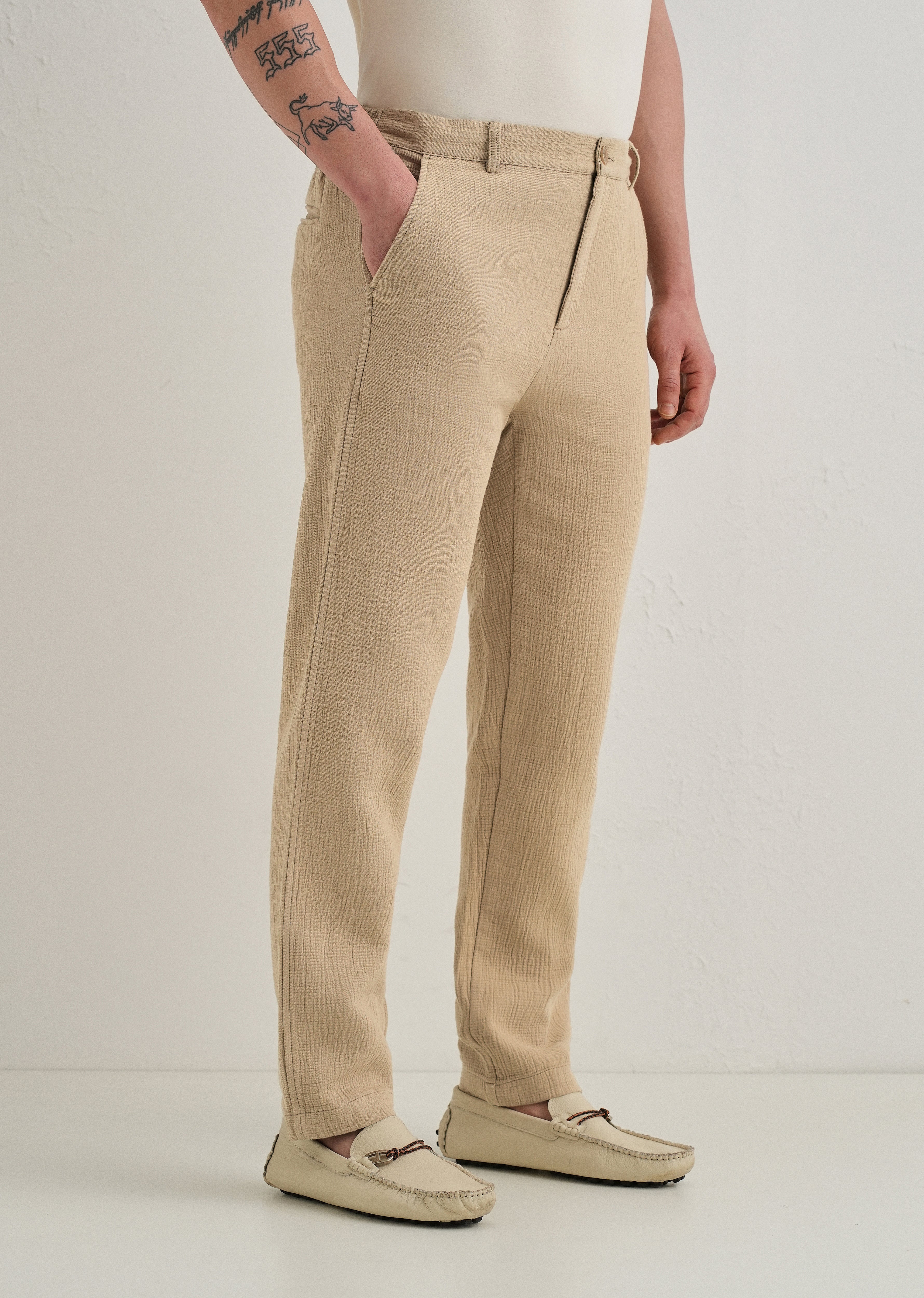 Dark Beige Crinkled Cotton Trouser