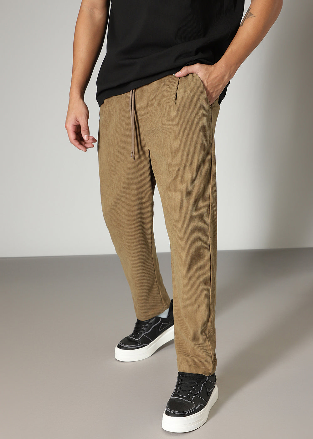 Dark Beige Drawstring Corduroy Pant