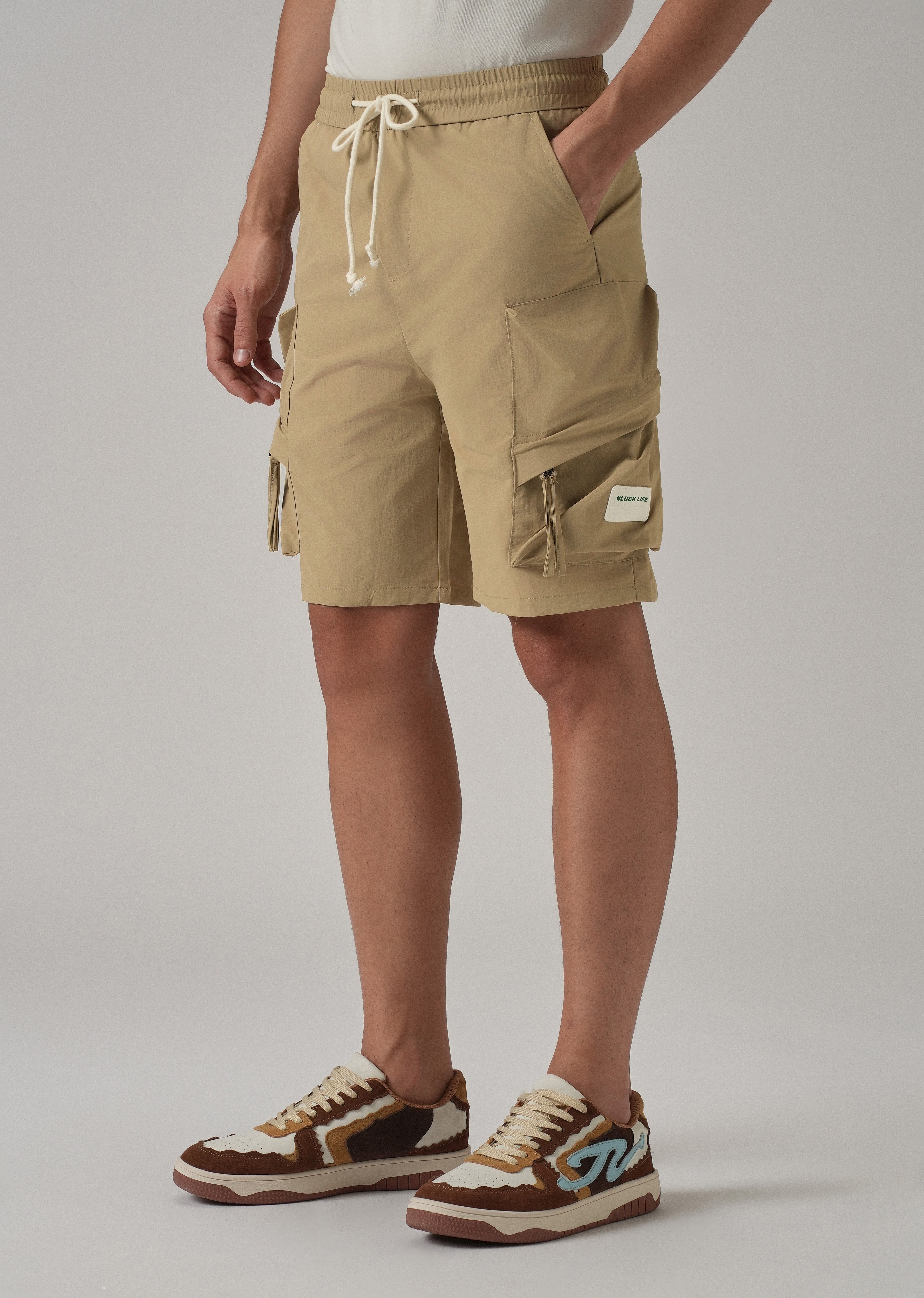 Dark Beige Drawstring Cargo Shorts