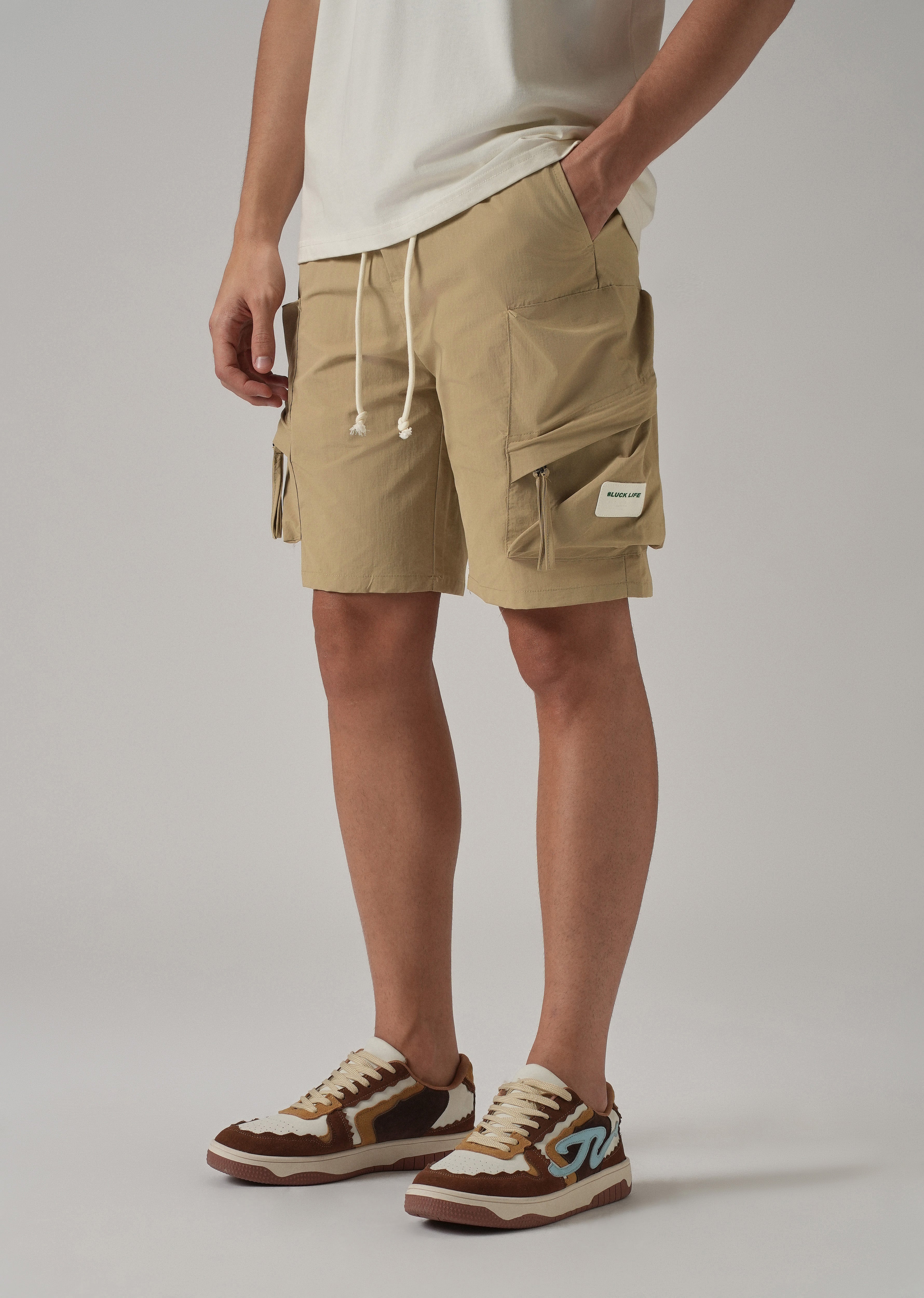 Dark Beige Drawstring Cargo Shorts