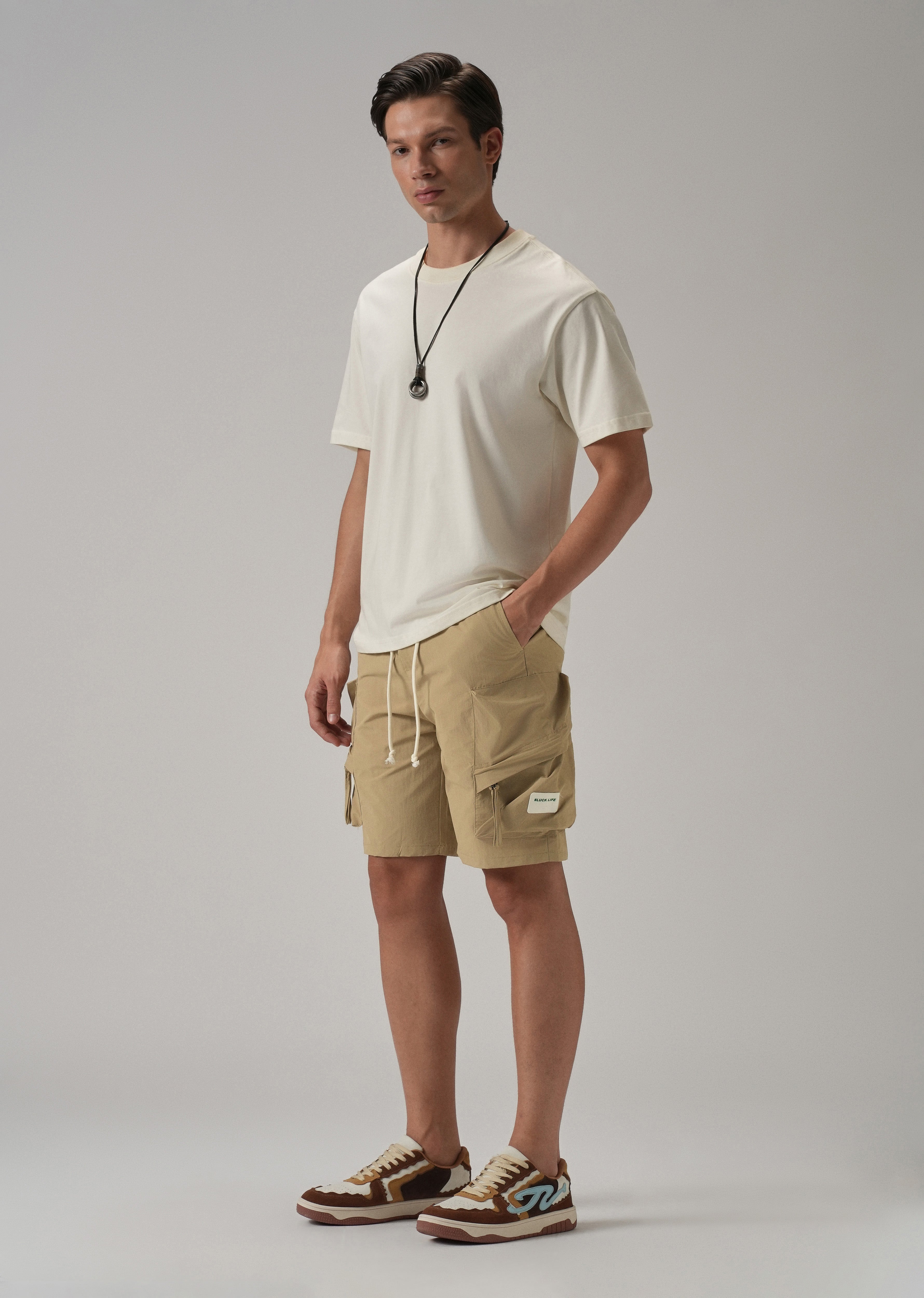 Dark Beige Drawstring Cargo Shorts