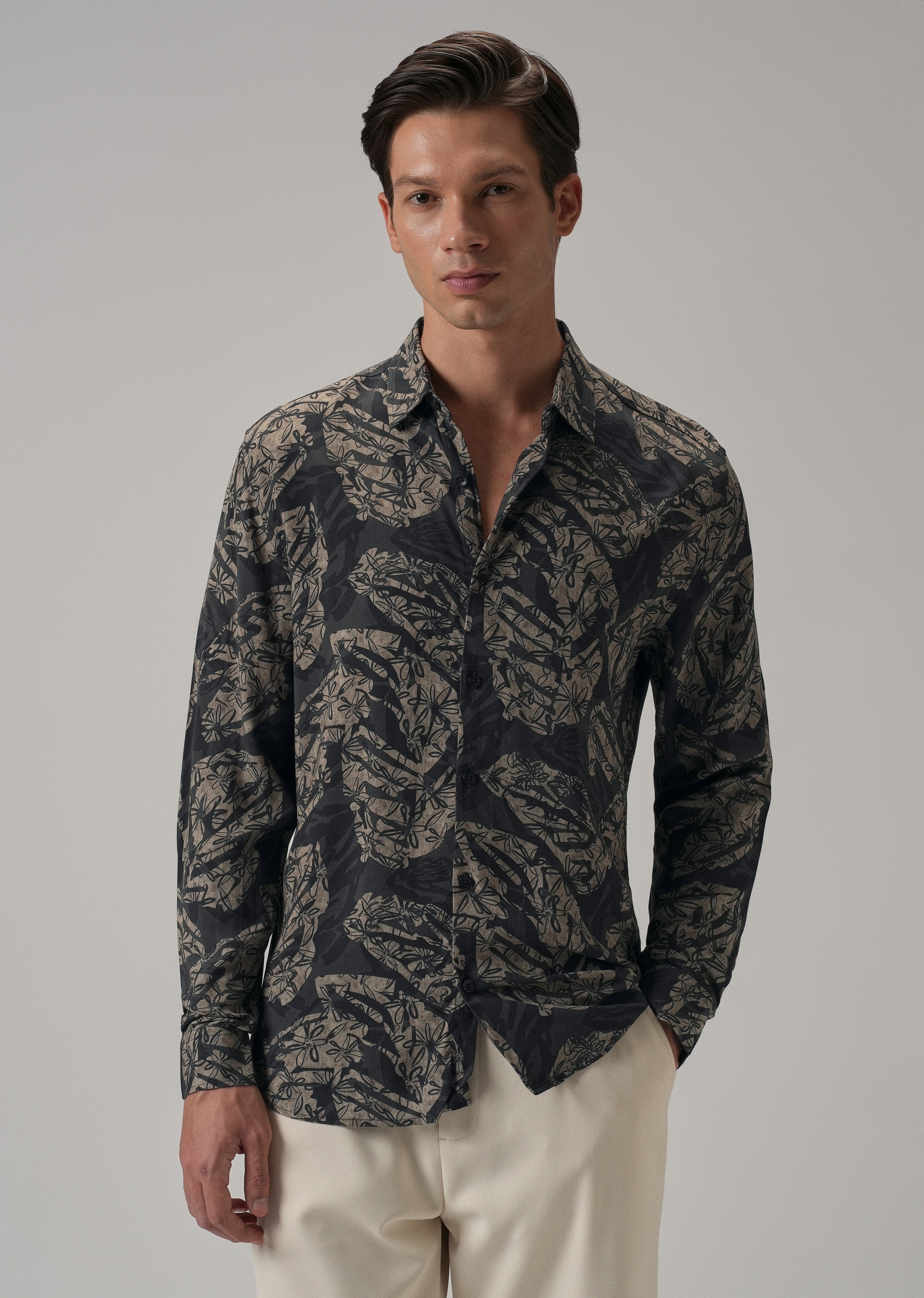 Dark Beige Floral Printed Shirt