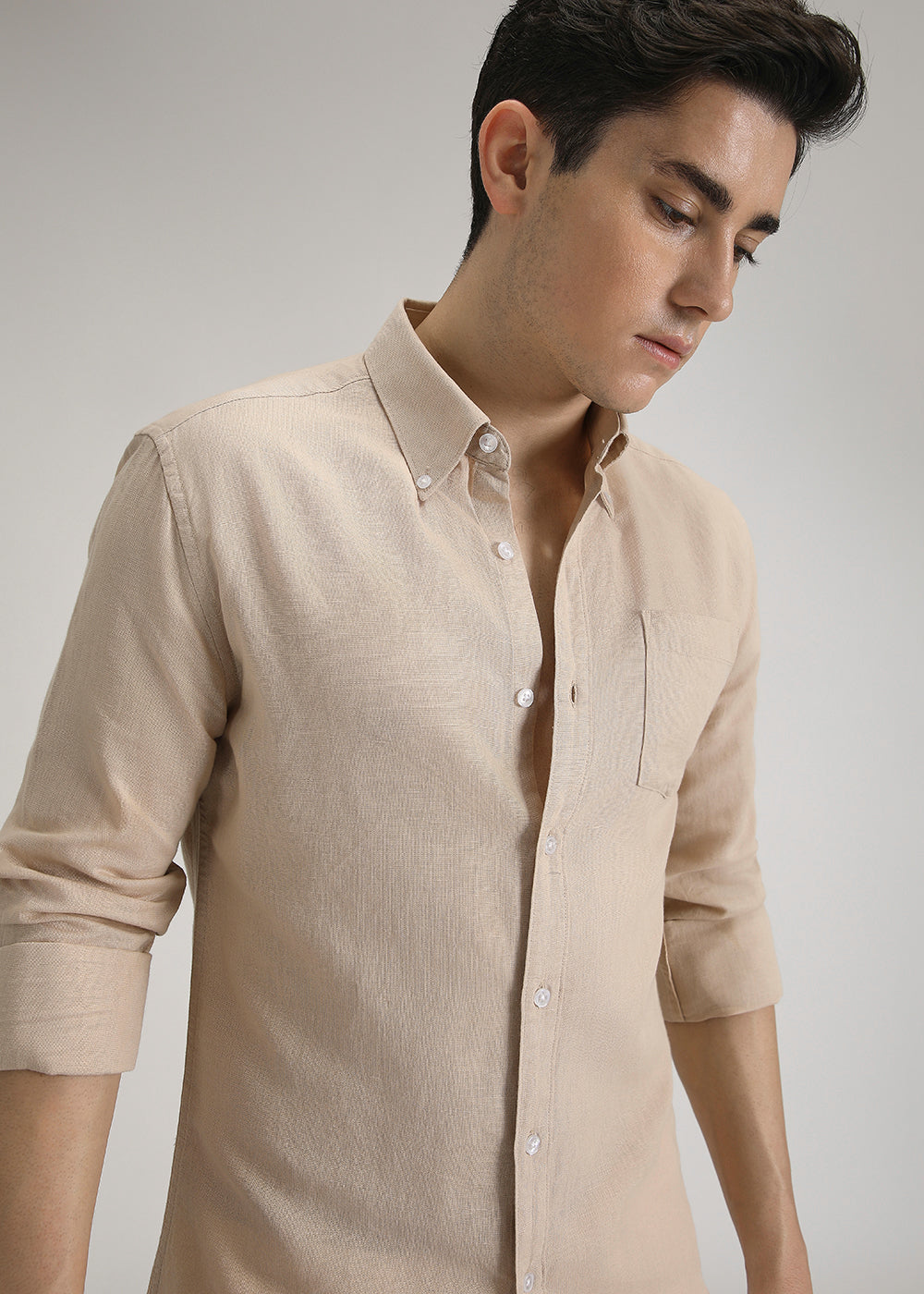 Dark Beige Cotton Linen Shirt - Main Image