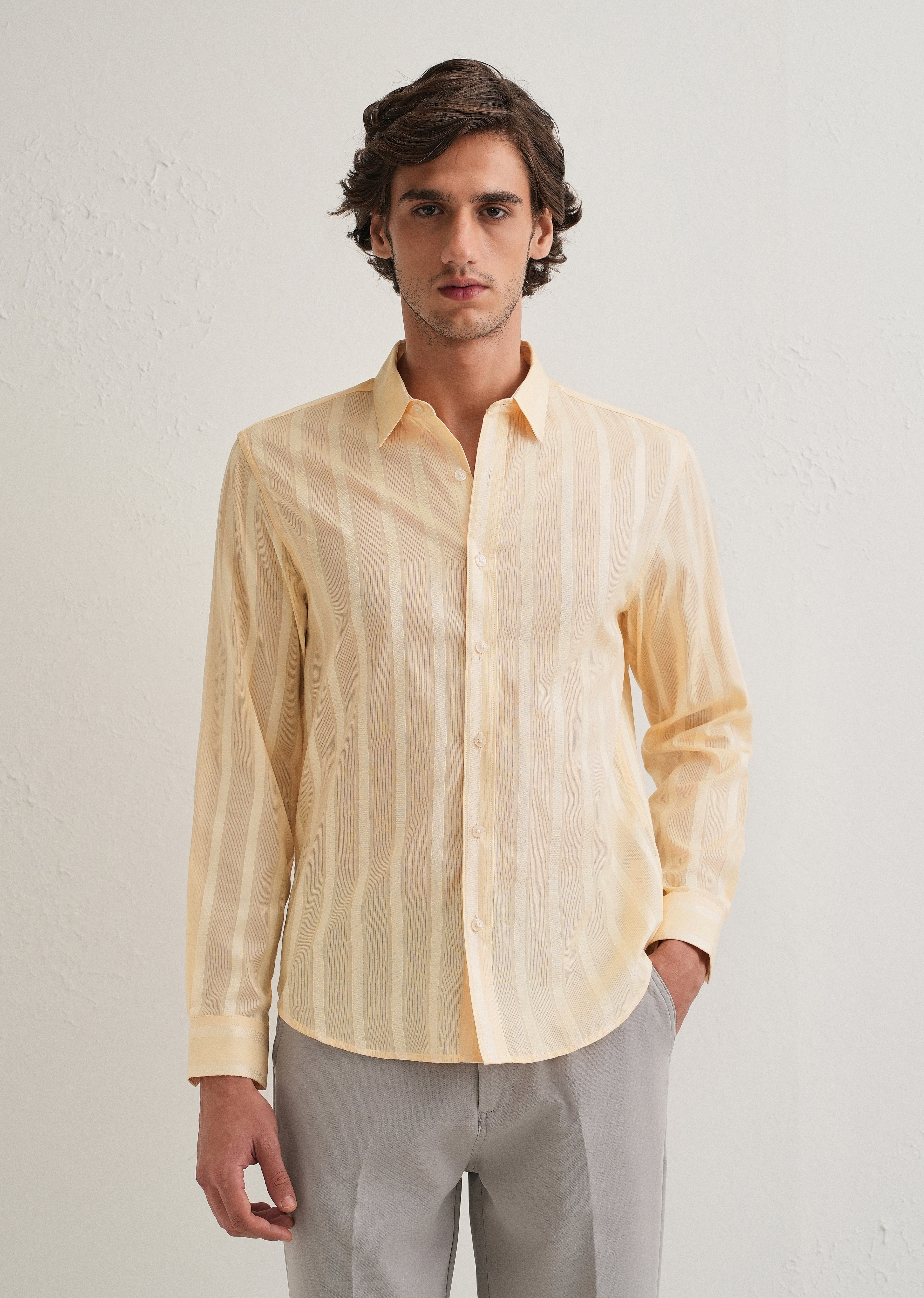 Dark Beige Self Pattern Blended Cotton Shirt
