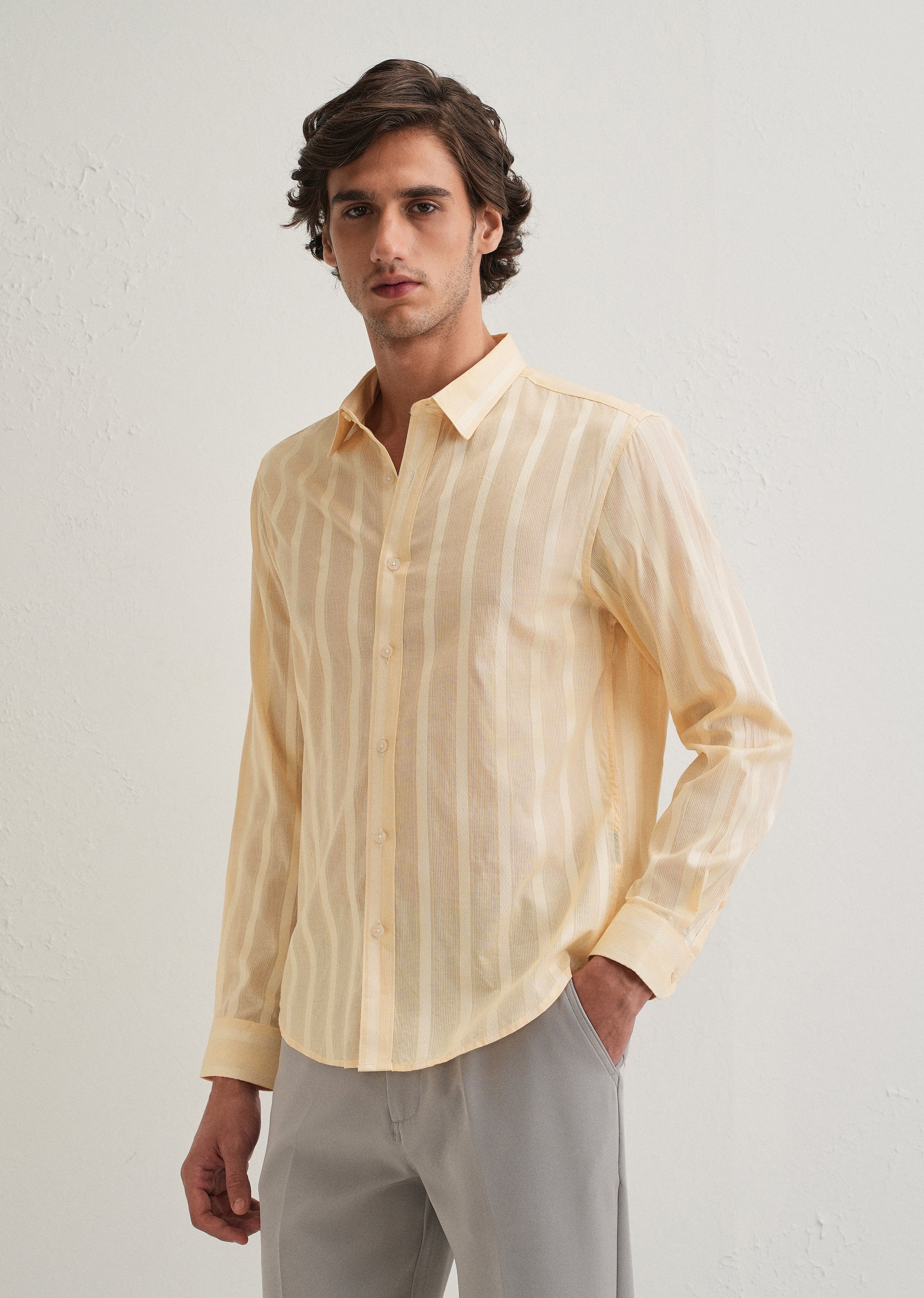 Dark Beige Self Pattern Blended Cotton Shirt