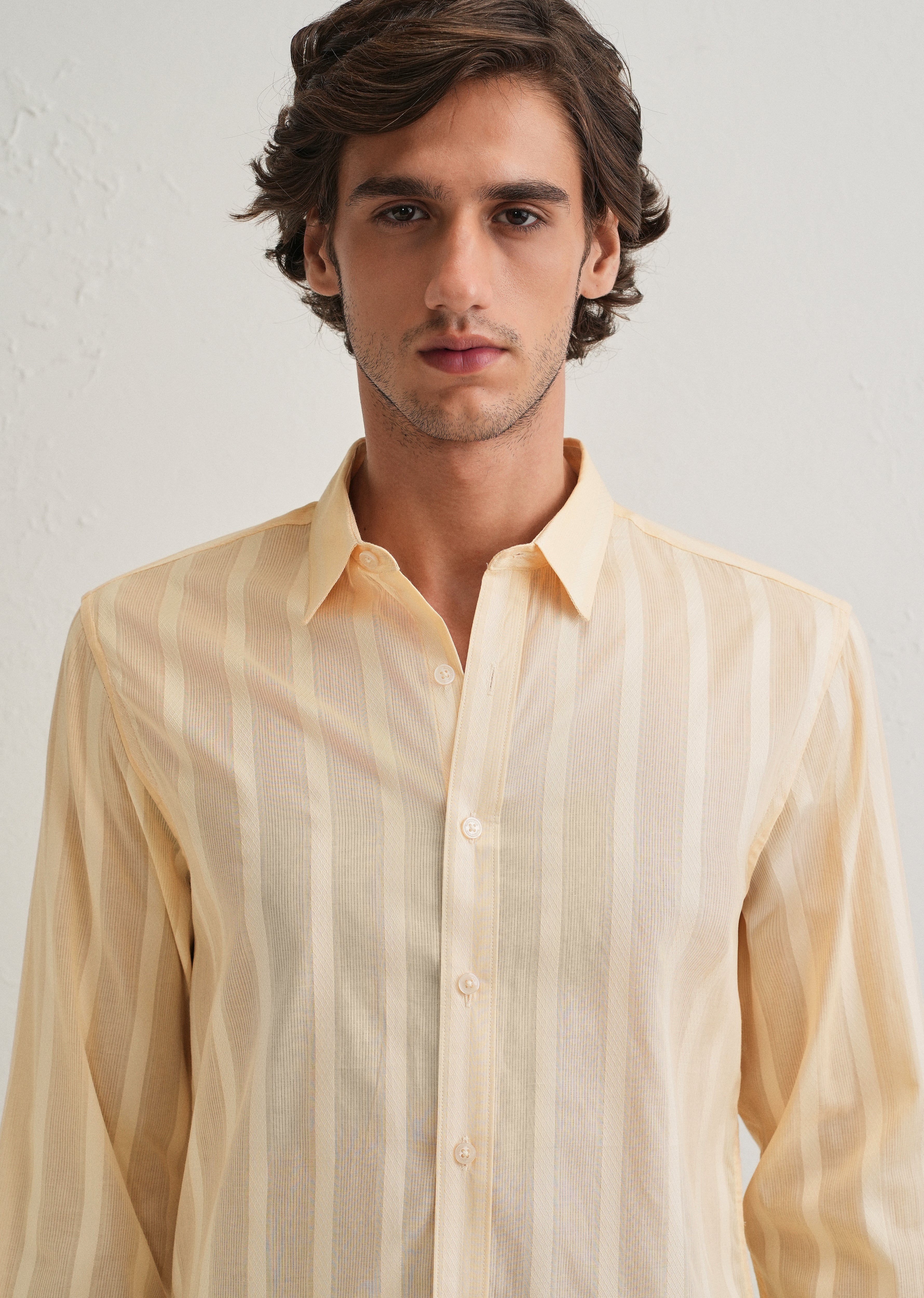 Dark Beige Self Pattern Blended Cotton Shirt