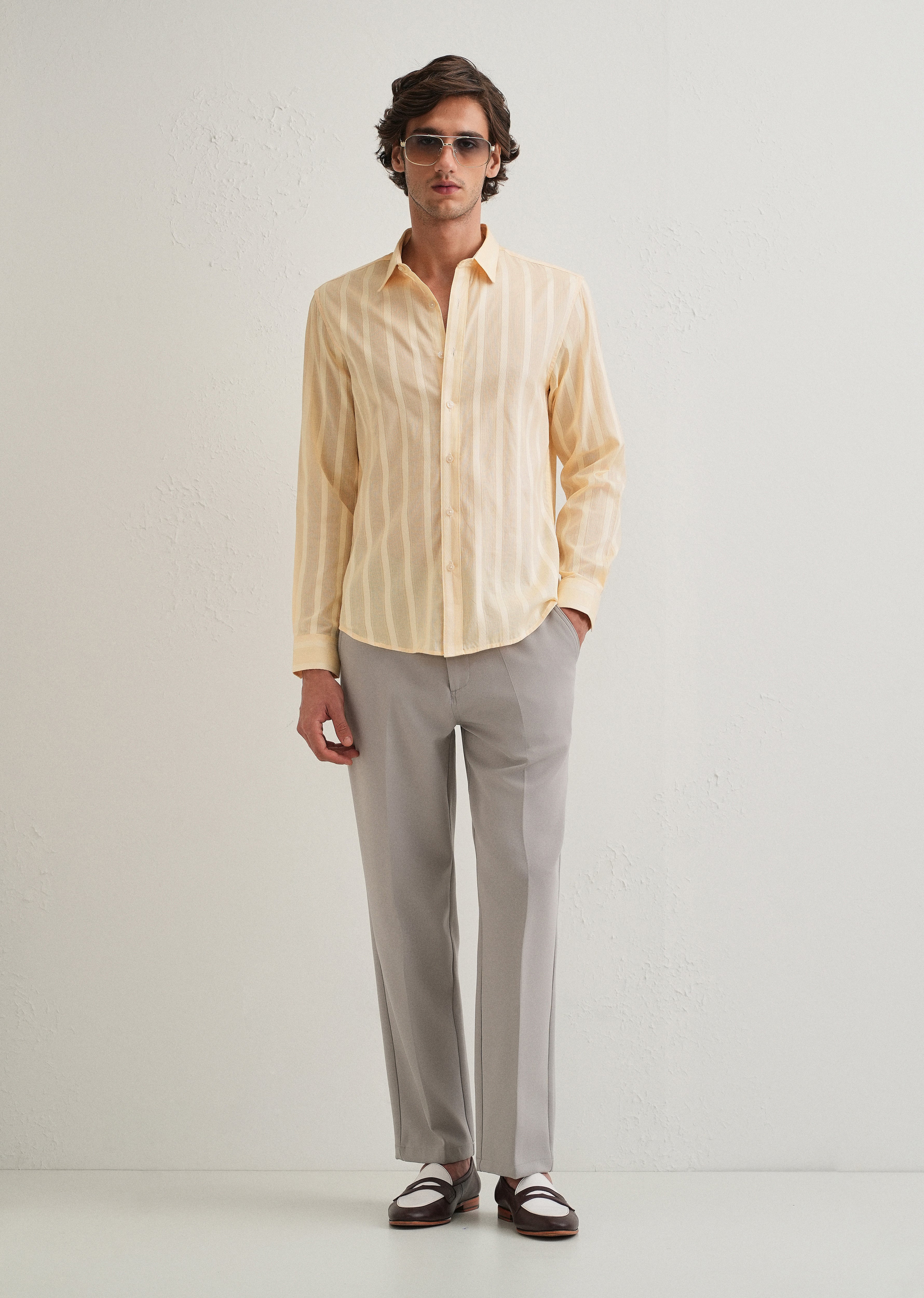 Dark Beige Self Pattern Blended Cotton Shirt
