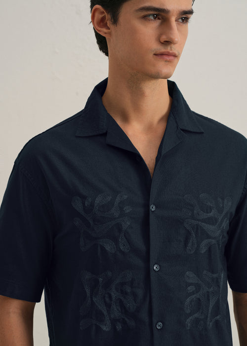Dark Blue Embroidery Cuban Collar Cotton Shirt