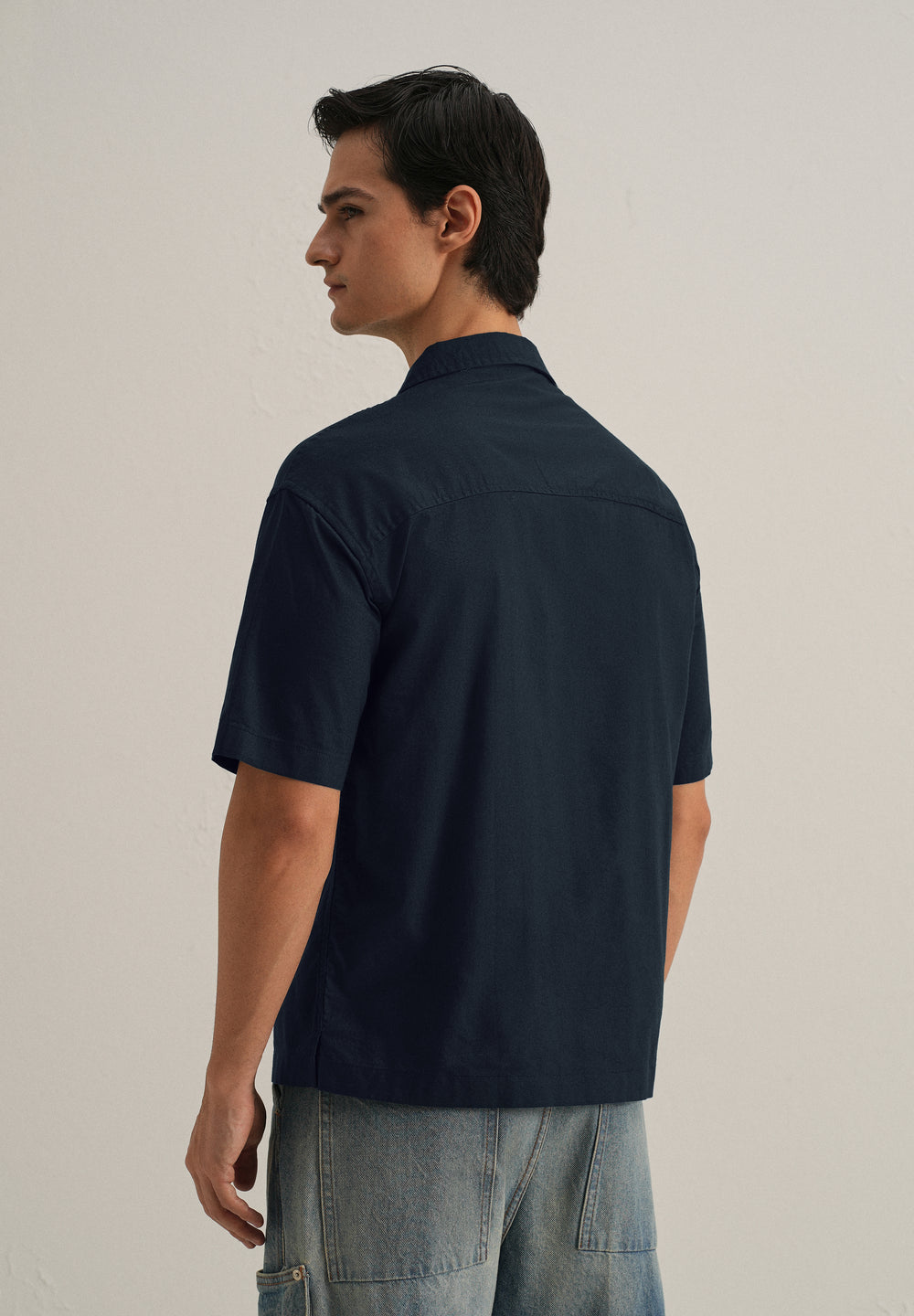 Dark Blue Embroidery Cuban Collar Cotton Shirt