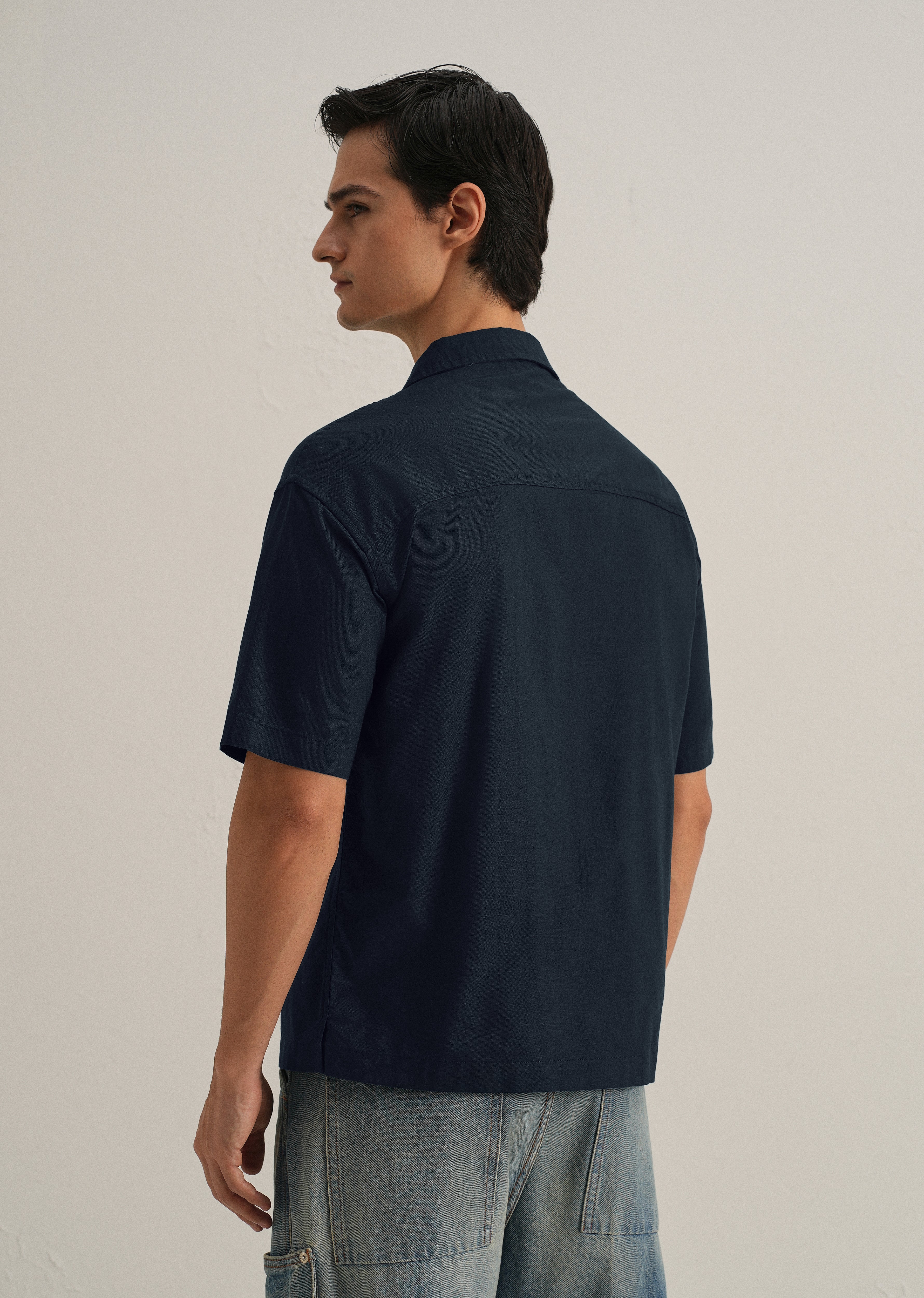 Dark Blue Embroidery Cuban Collar Cotton Shirt
