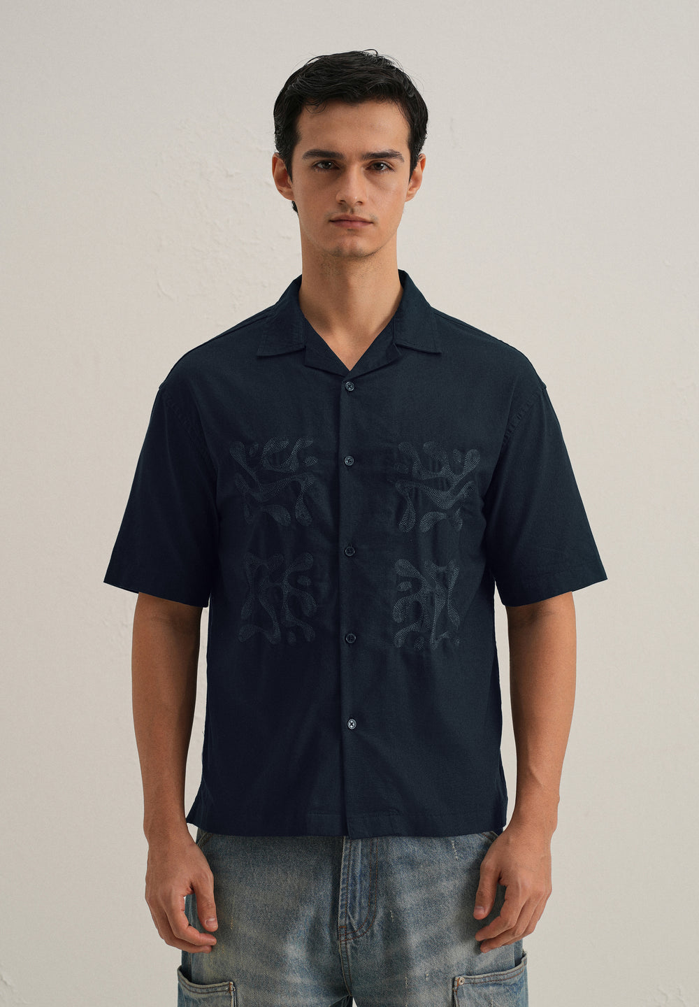 Dark Blue Embroidery Cuban Collar Cotton Shirt