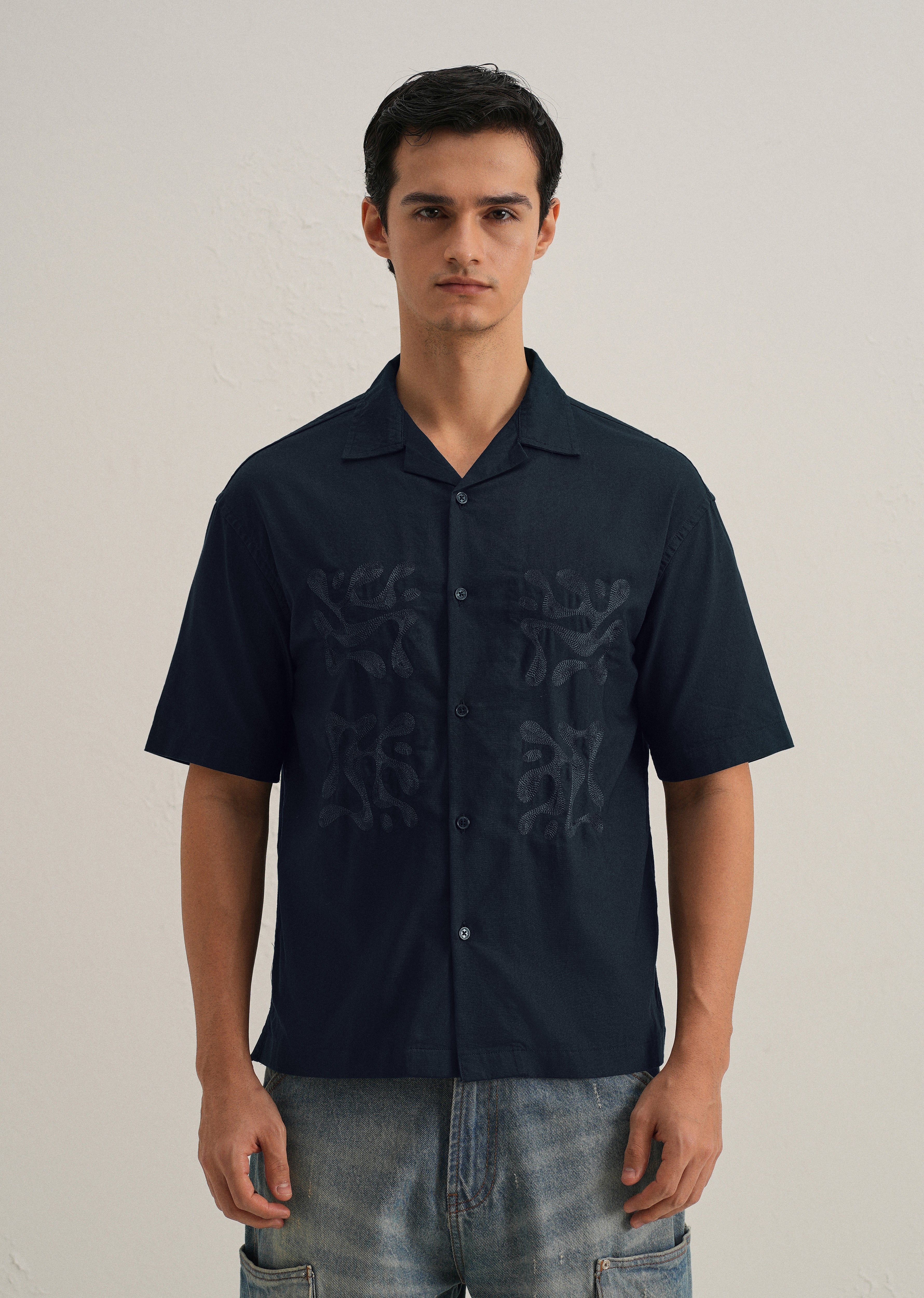 Dark Blue Embroidery Cuban Collar Cotton Shirt