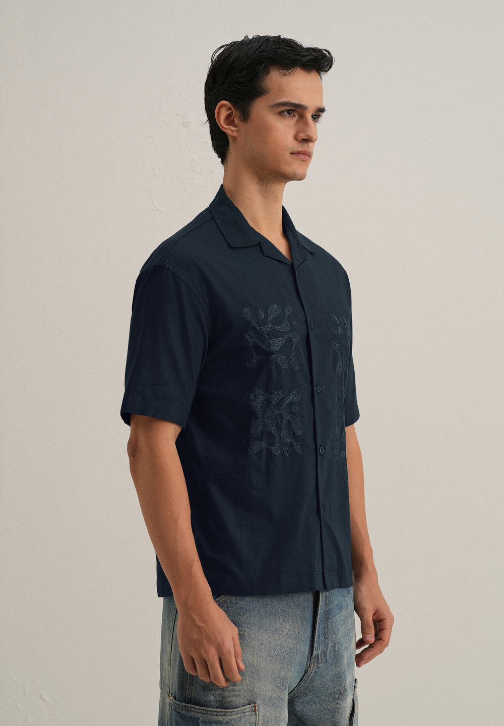 Dark Blue Embroidery Cuban Collar Cotton Shirt