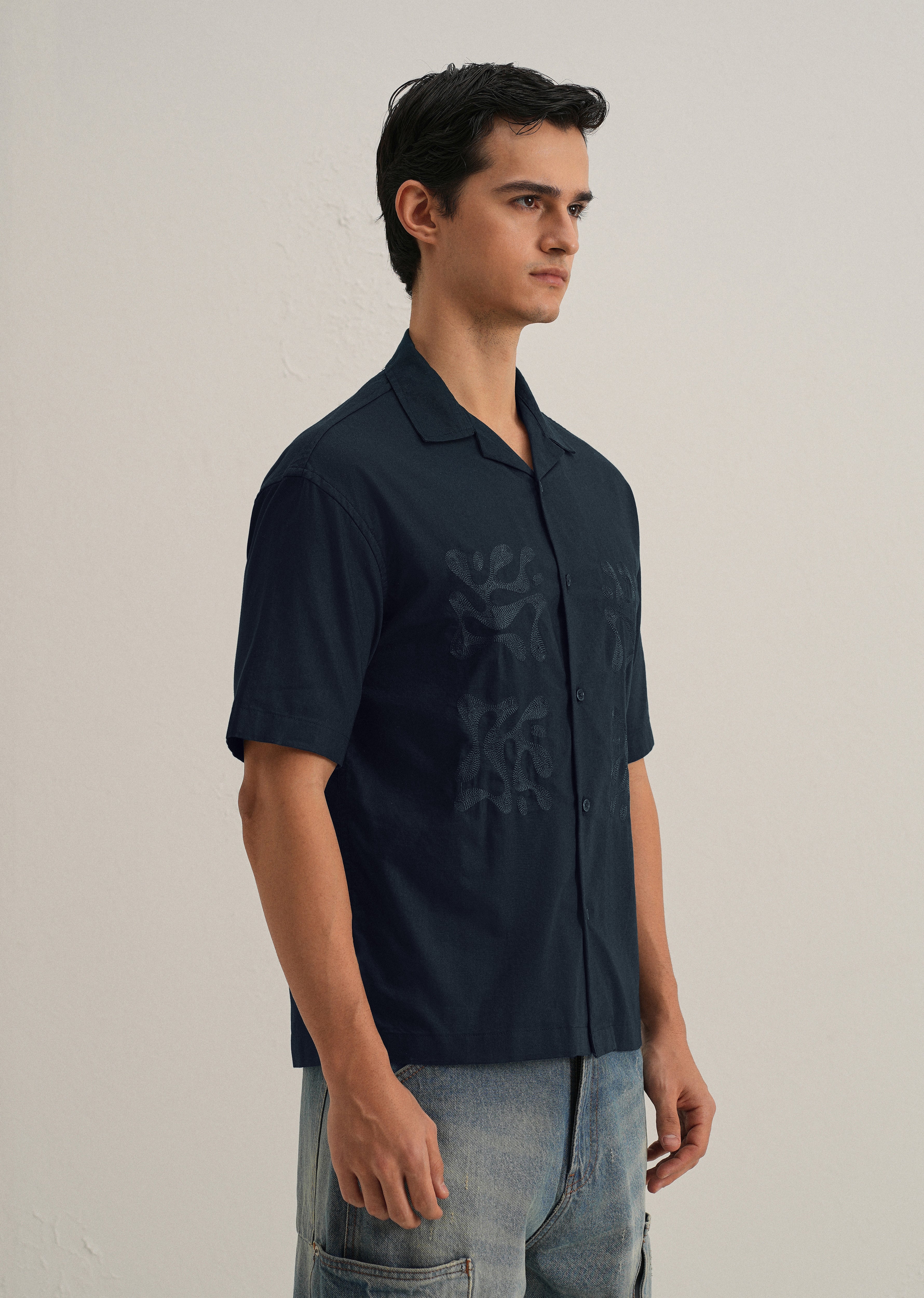 Dark Blue Embroidery Cuban Collar Cotton Shirt