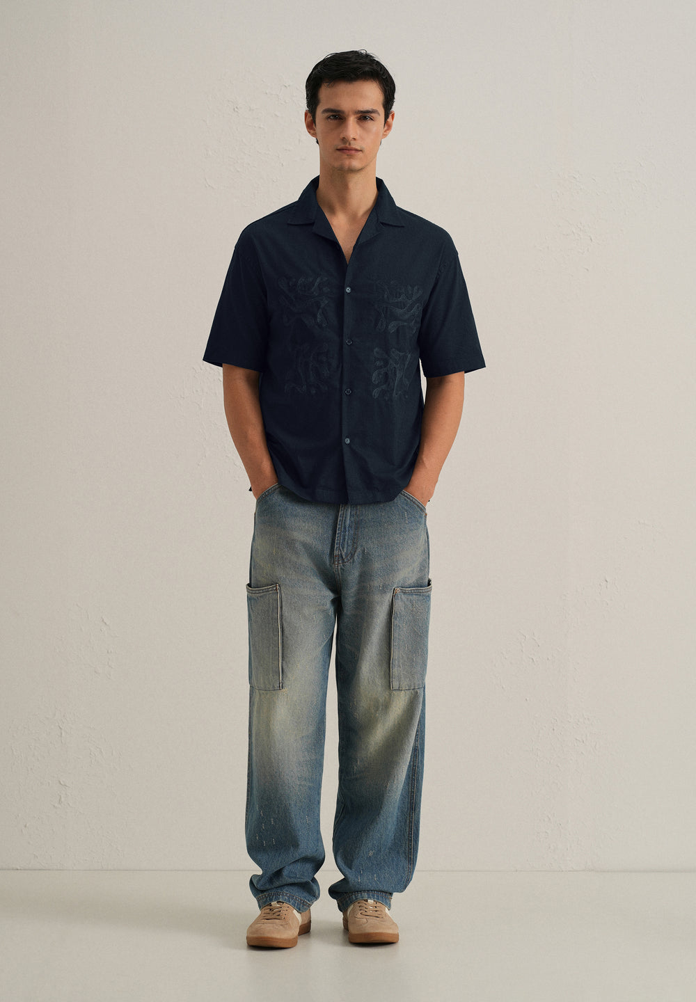 Dark Blue Embroidery Cuban Collar Cotton Shirt