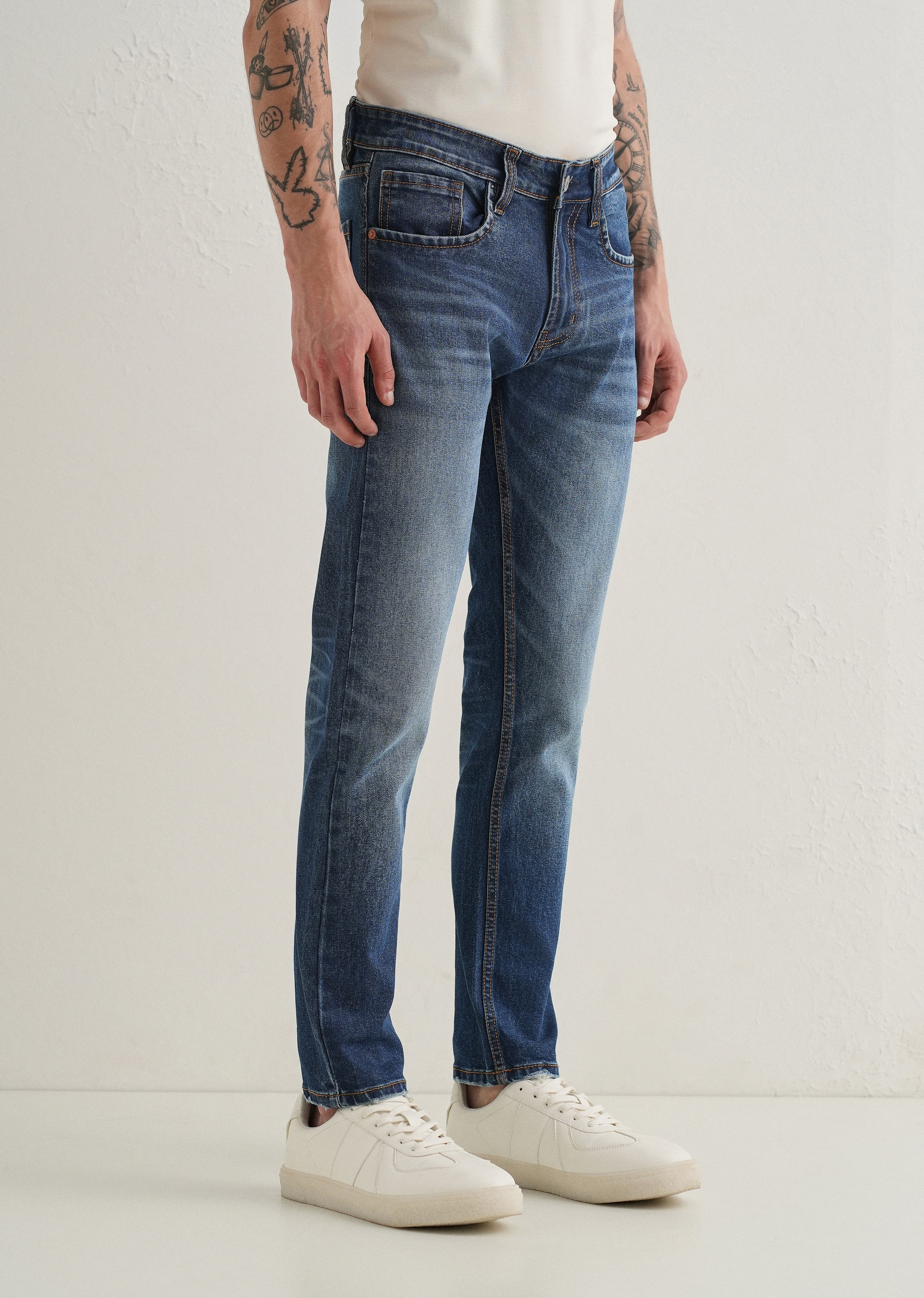 Dark Blue Faded Ankle Slim Fit Jeans