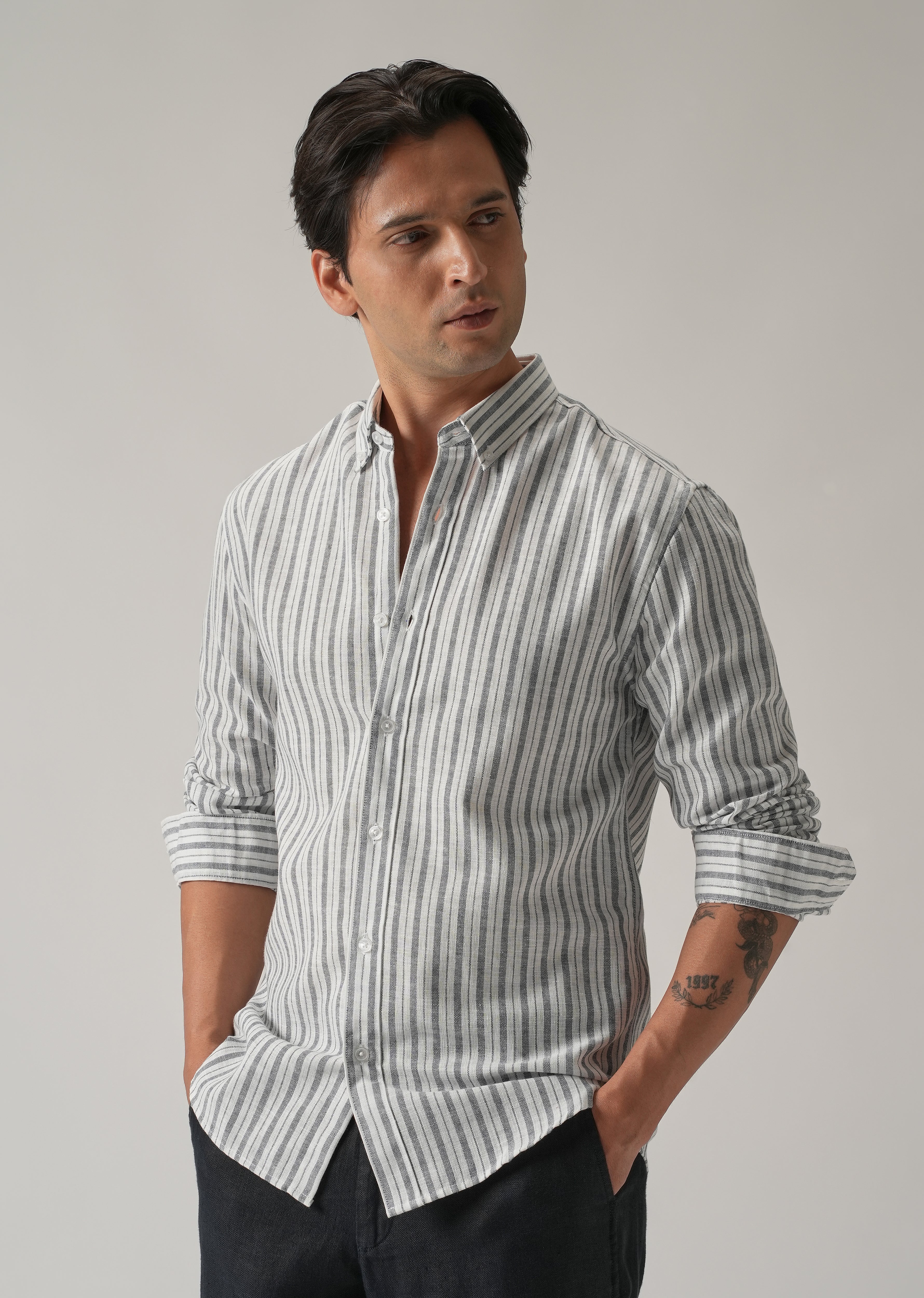 Dark Blue Linen Stripe Shirt