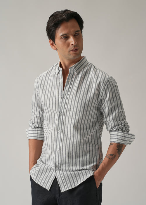 Dark Blue Linen Stripe Shirt