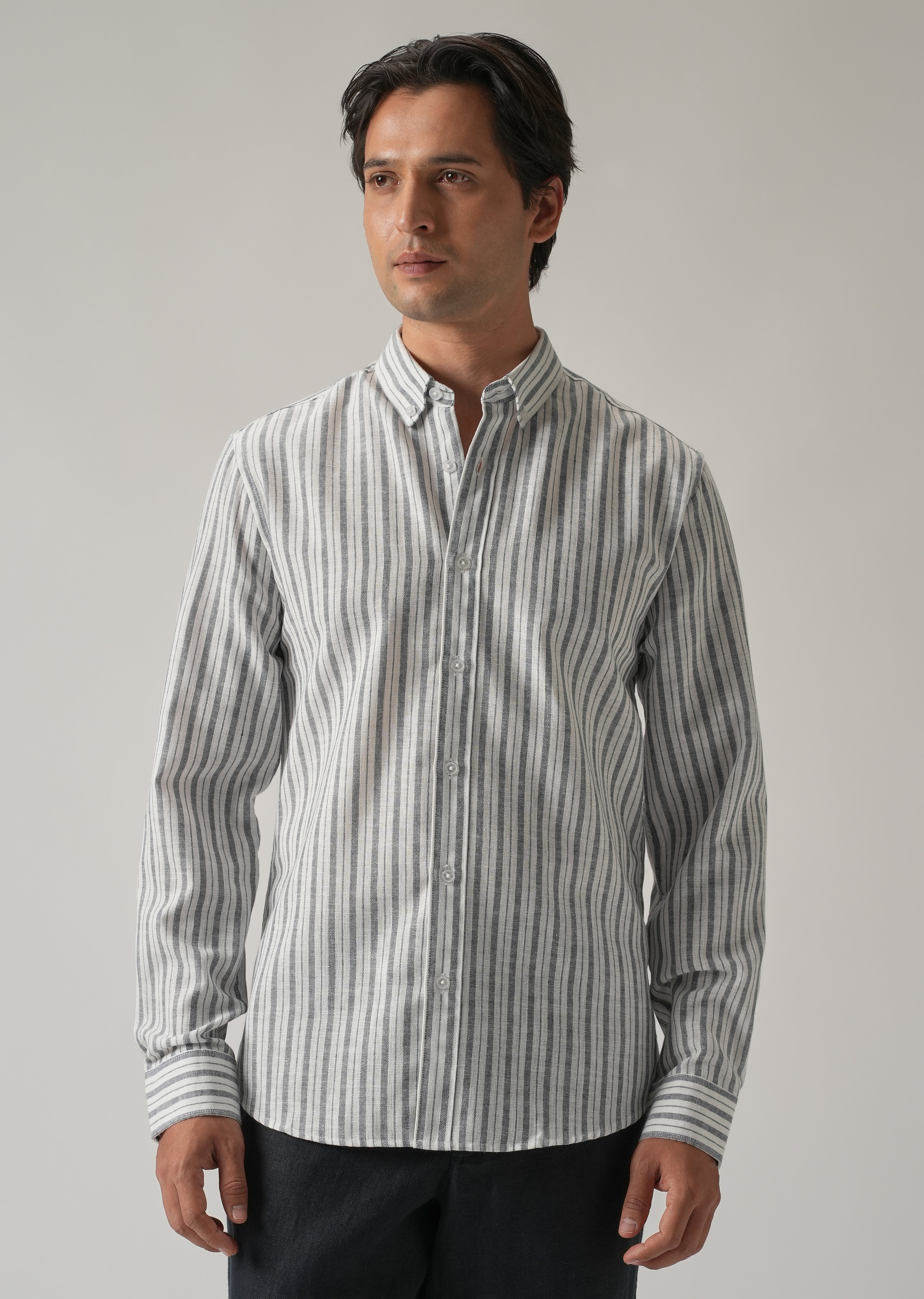Dark Blue Linen Stripe Shirt