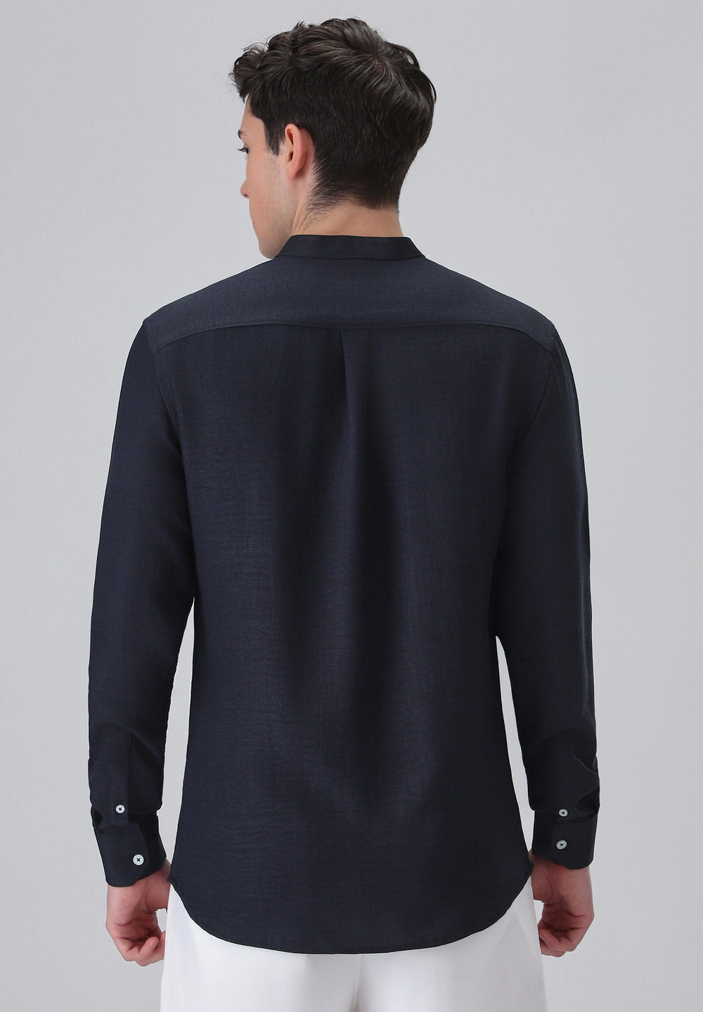 Navy Blue Plain Mandarin Collar Shirt
