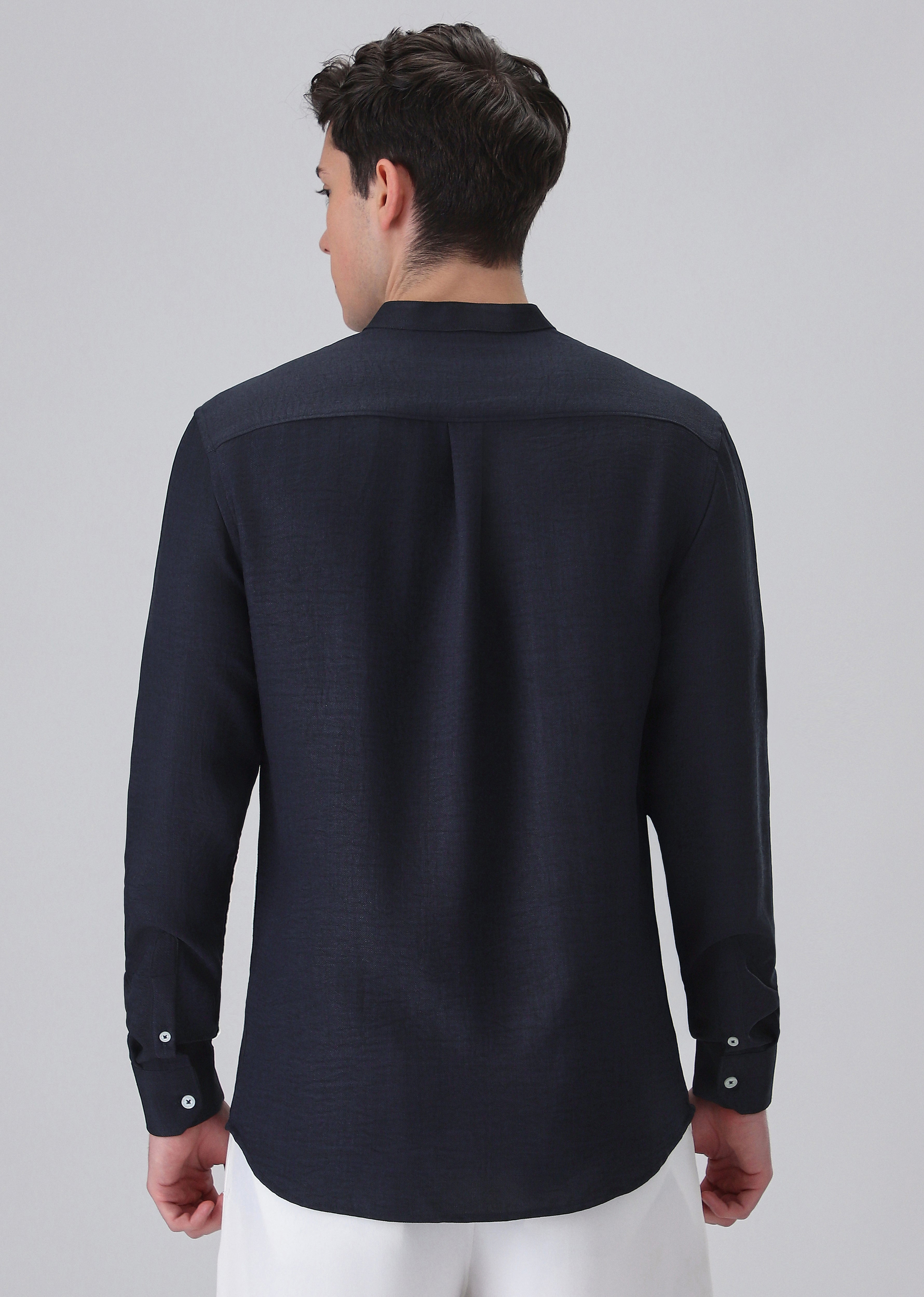 Navy Blue Plain Mandarin Collar Shirt
