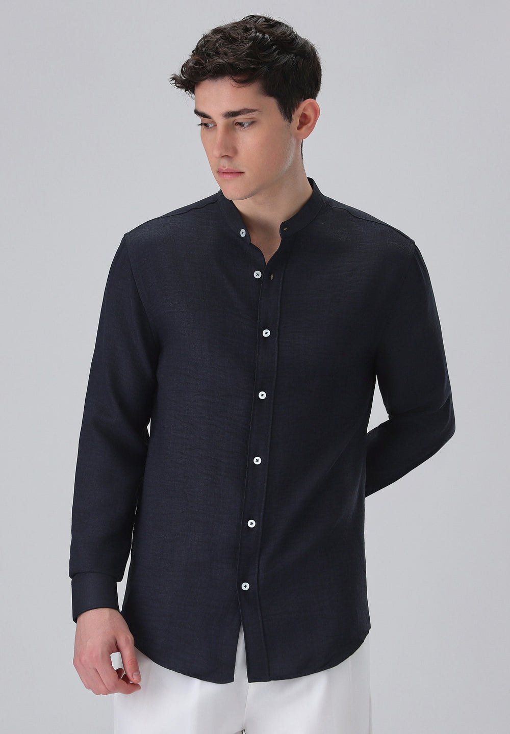 Navy Blue Plain Mandarin Collar Shirt