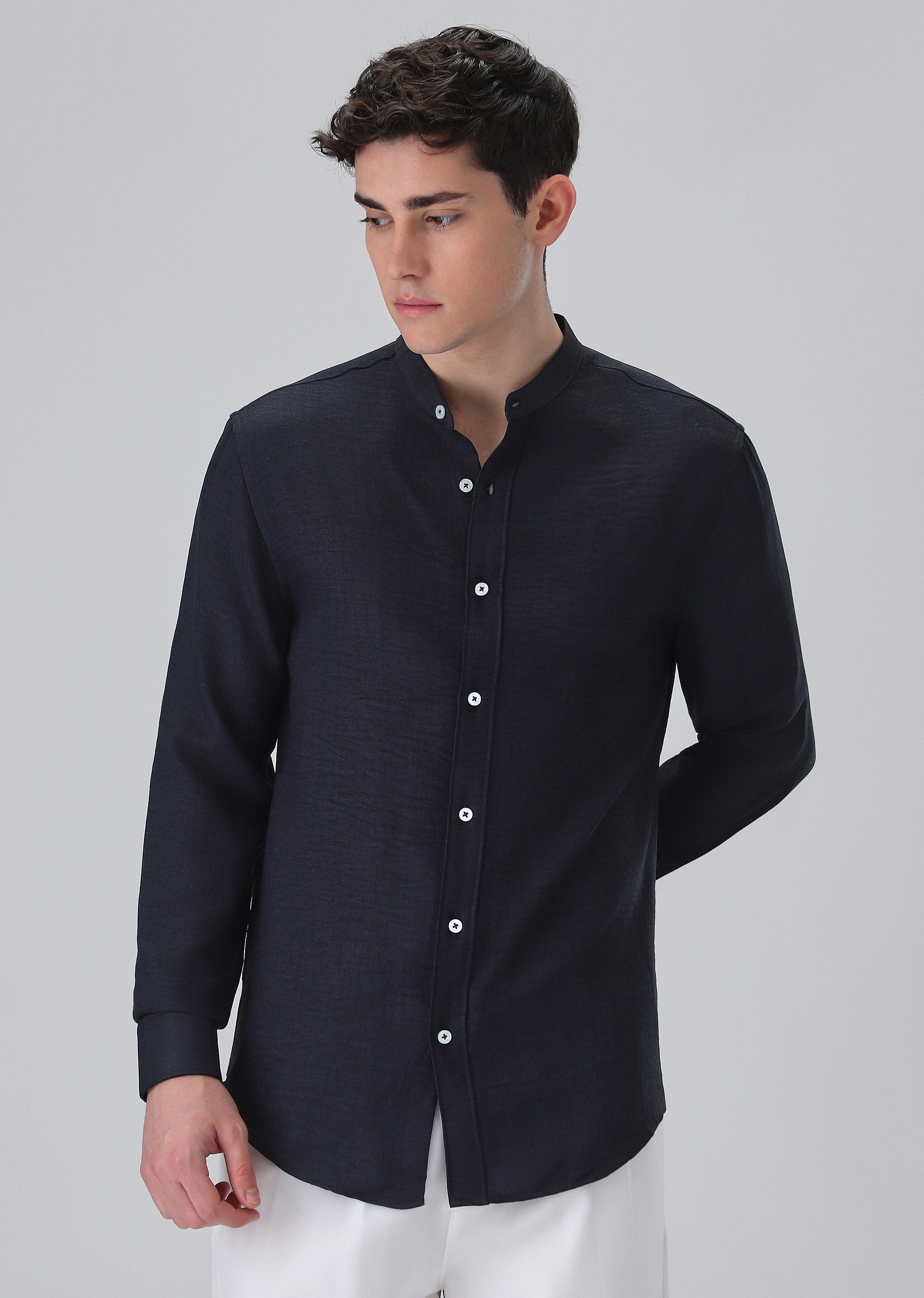 Navy Blue Plain Mandarin Collar Shirt