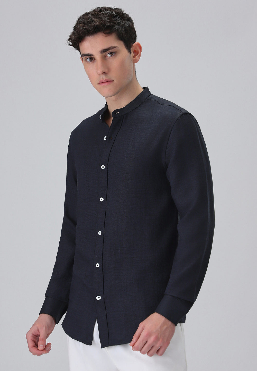 Navy Blue Plain Mandarin Collar Shirt