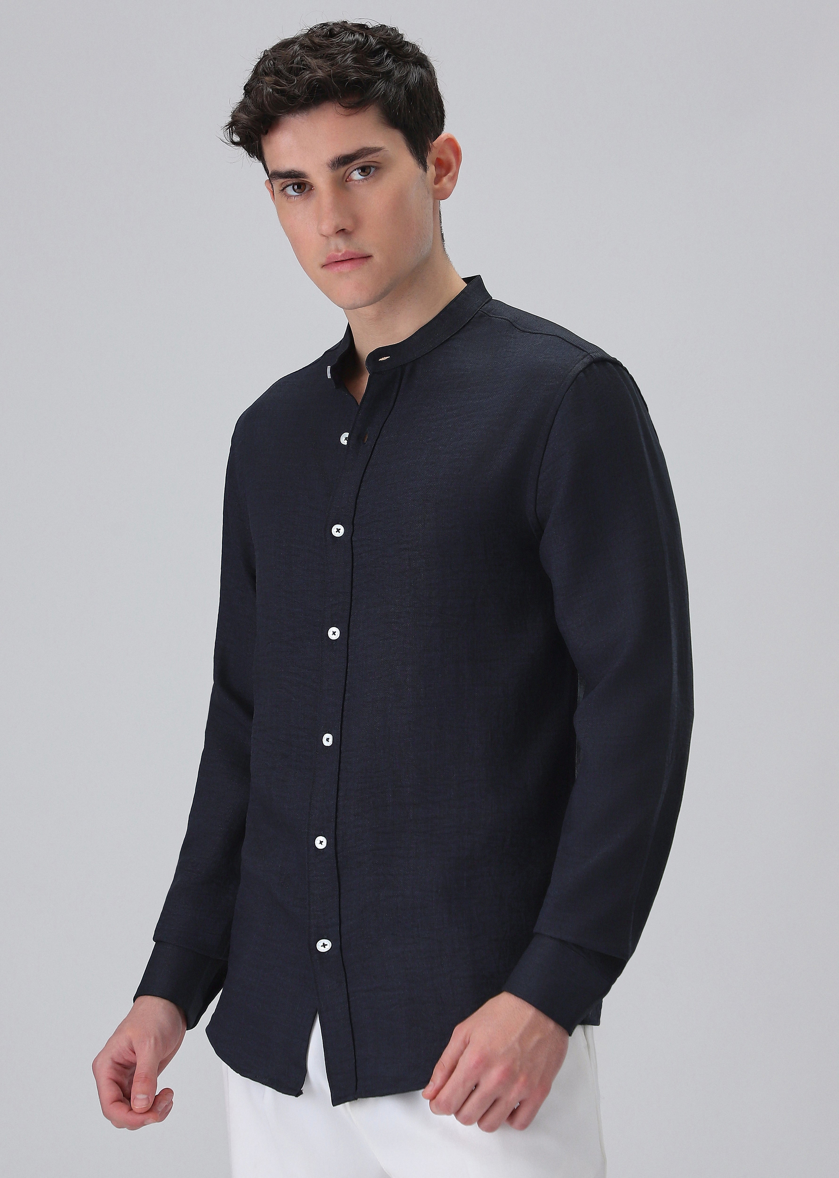Navy Blue Plain Mandarin Collar Shirt