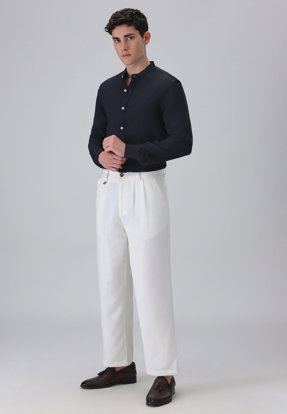 Navy Blue Plain Mandarin Collar Shirt